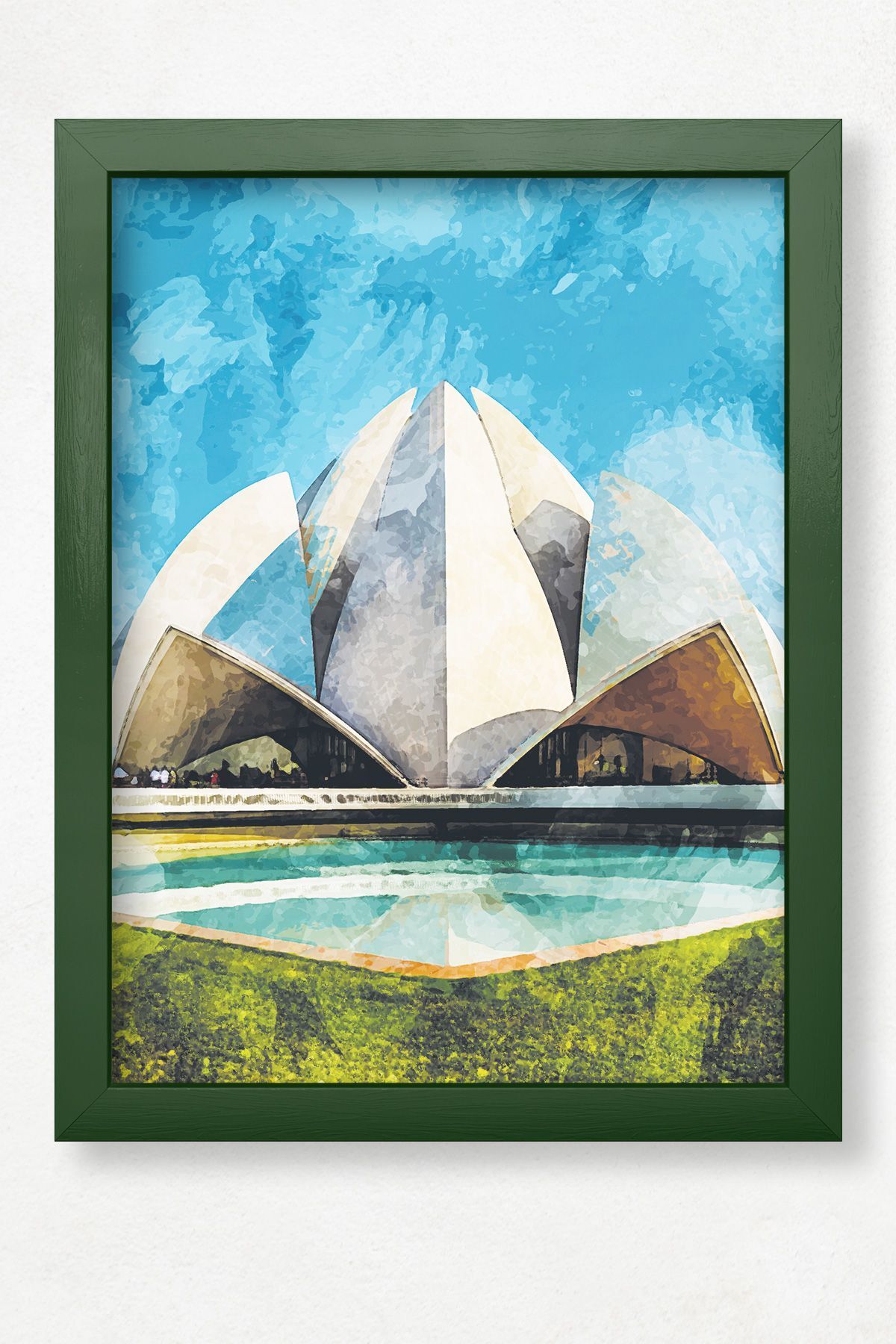 DuoArt Lotus Tapınağı-Yeni Delhi/İkonik Yapılar/Efekt/Doğal Ahşap Çerçeveli Poster/Çerçeve Rengi:Koyu Yeşil
