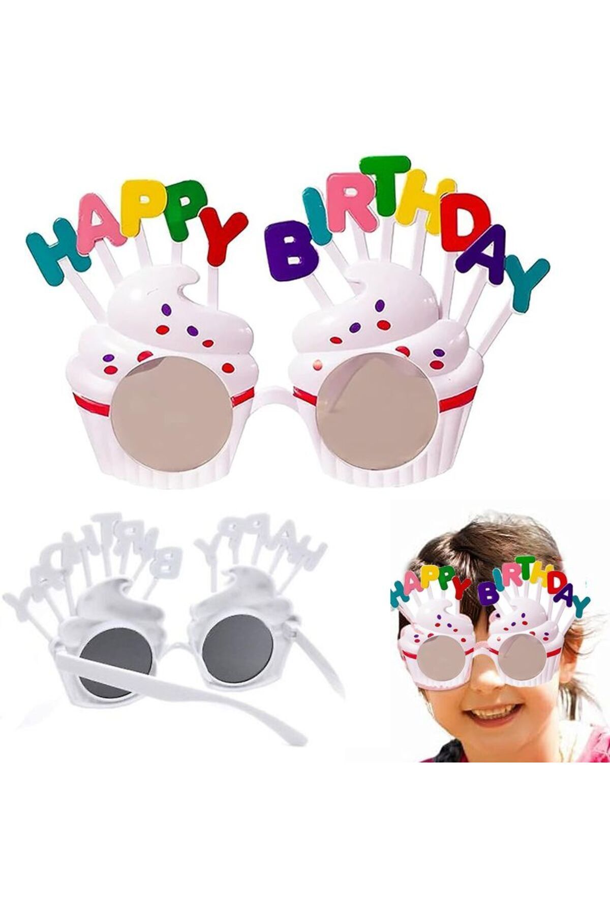 partidolu Happy Birthday Krema Gözlük Beyaz Renk Çocuk Yetişkin Uyumlu 1 Adet Hawaretro