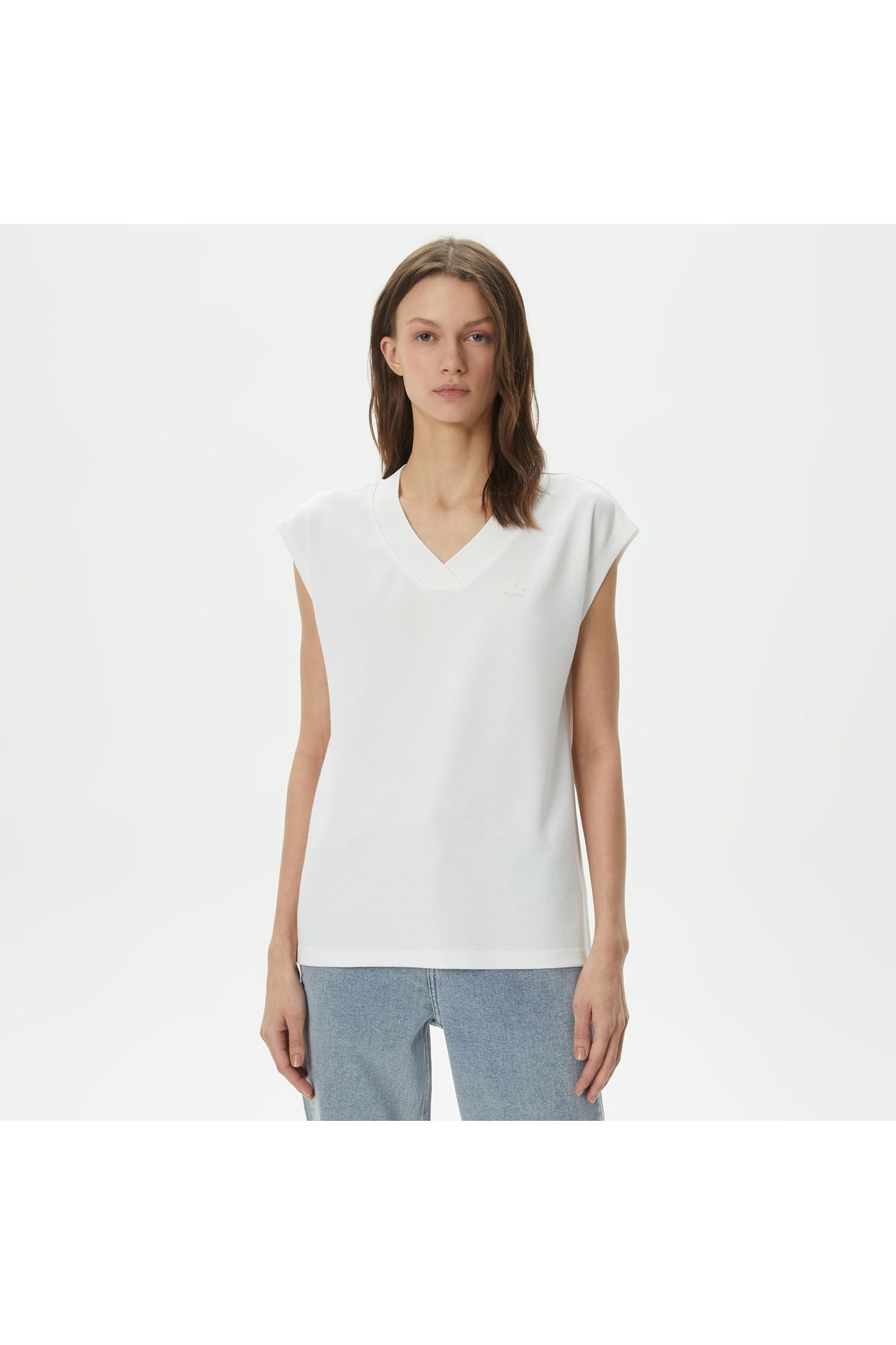 Lacoste Kadın Slim Fit V Yaka Beyaz T-shirt