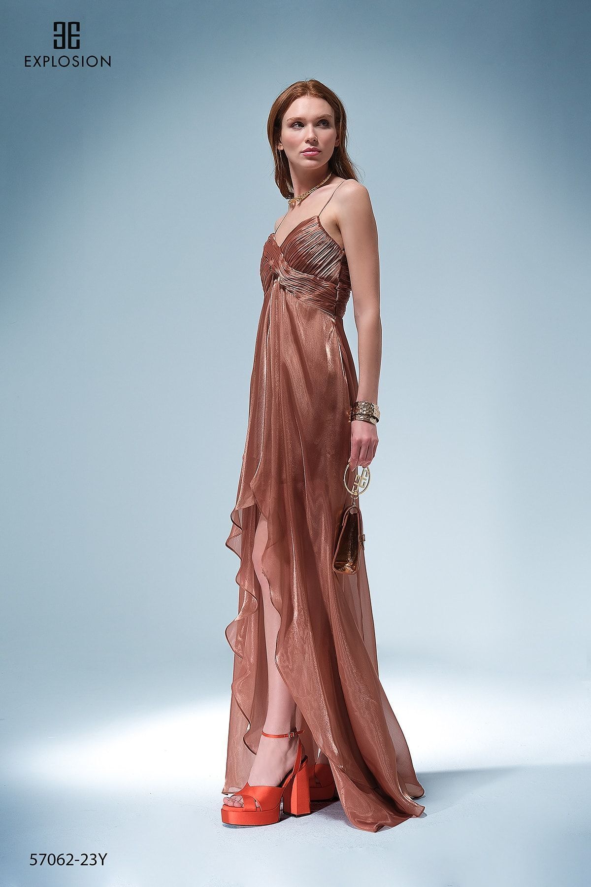 EXPLOSION Kadın Düz Saten Uzun Ip Askılıklı Bakır Elbise Exp57062-bakır