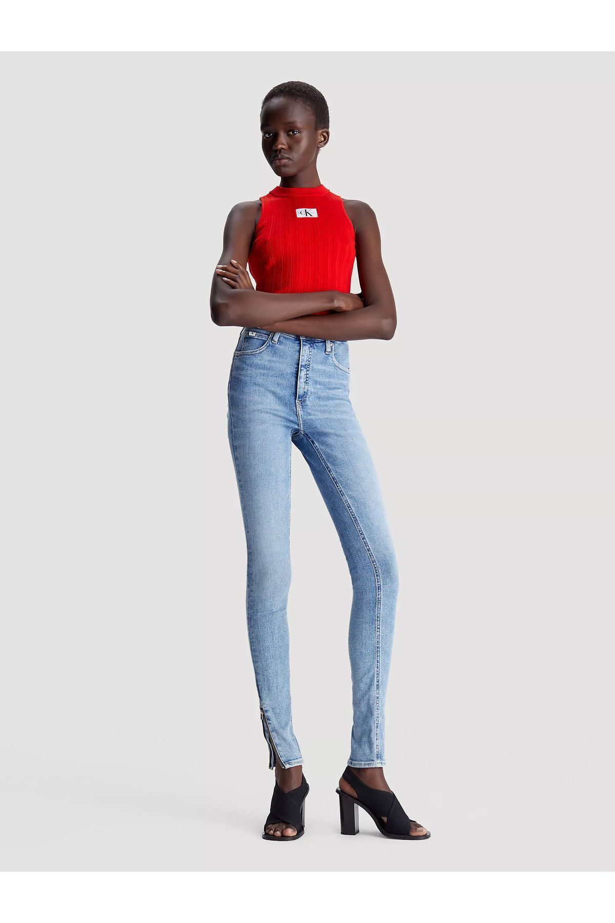 Calvin Klein Kadın Normal Belli Dar Kesim Düz Paça Mavi Jeans J20J222773-1A4