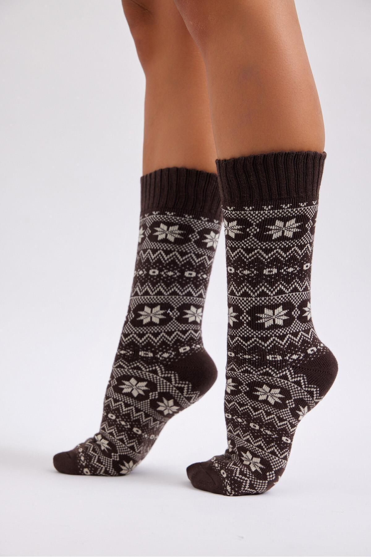 Katia & Bony Kalın Kışlık Kar Tanesi Çorap Kahverengi
