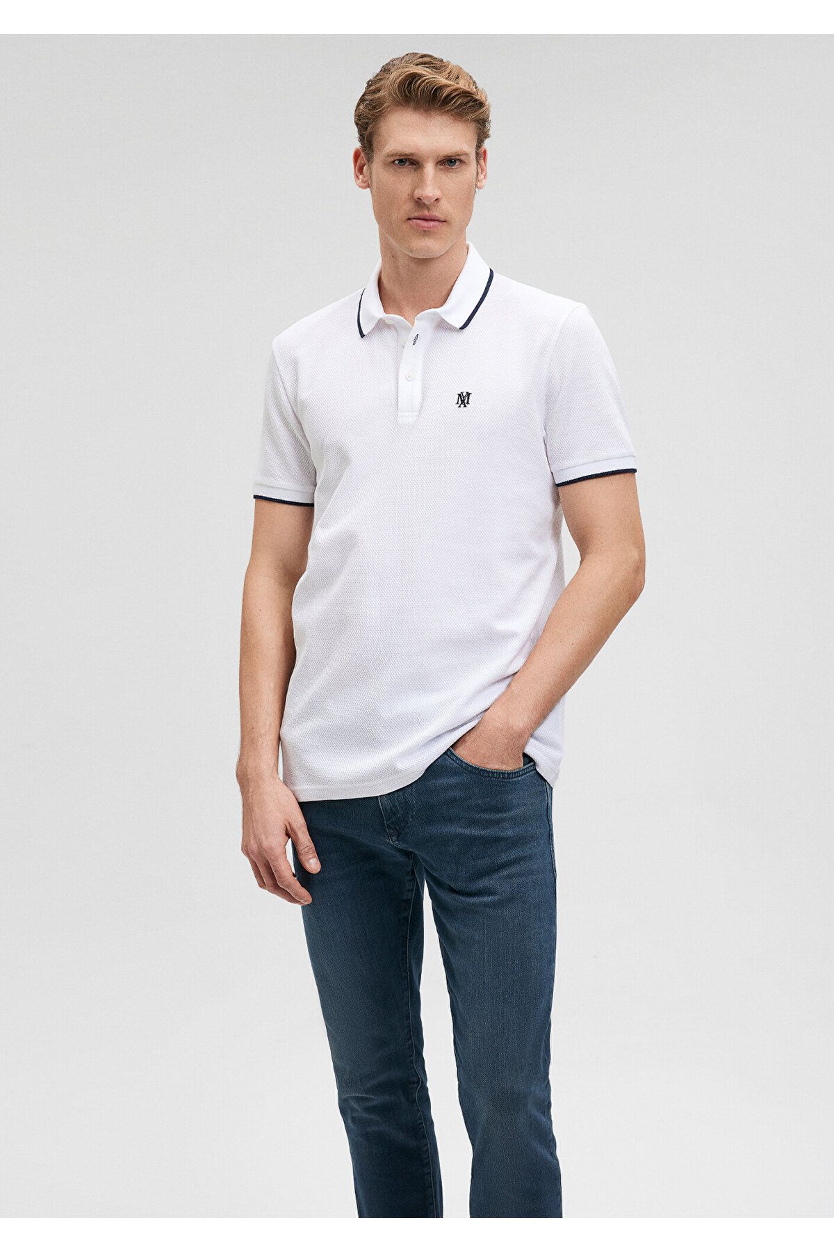 Mavi Şerit Detaylı Beyaz Polo Tişört Slim Fit / Dar Kesim 066039-620