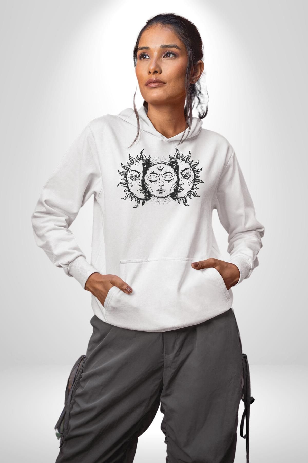 Angemiel Ay ve Güneş Retro  Kadın Erkek  Beyaz Kapüşonlu Sweatshirt Hoodie