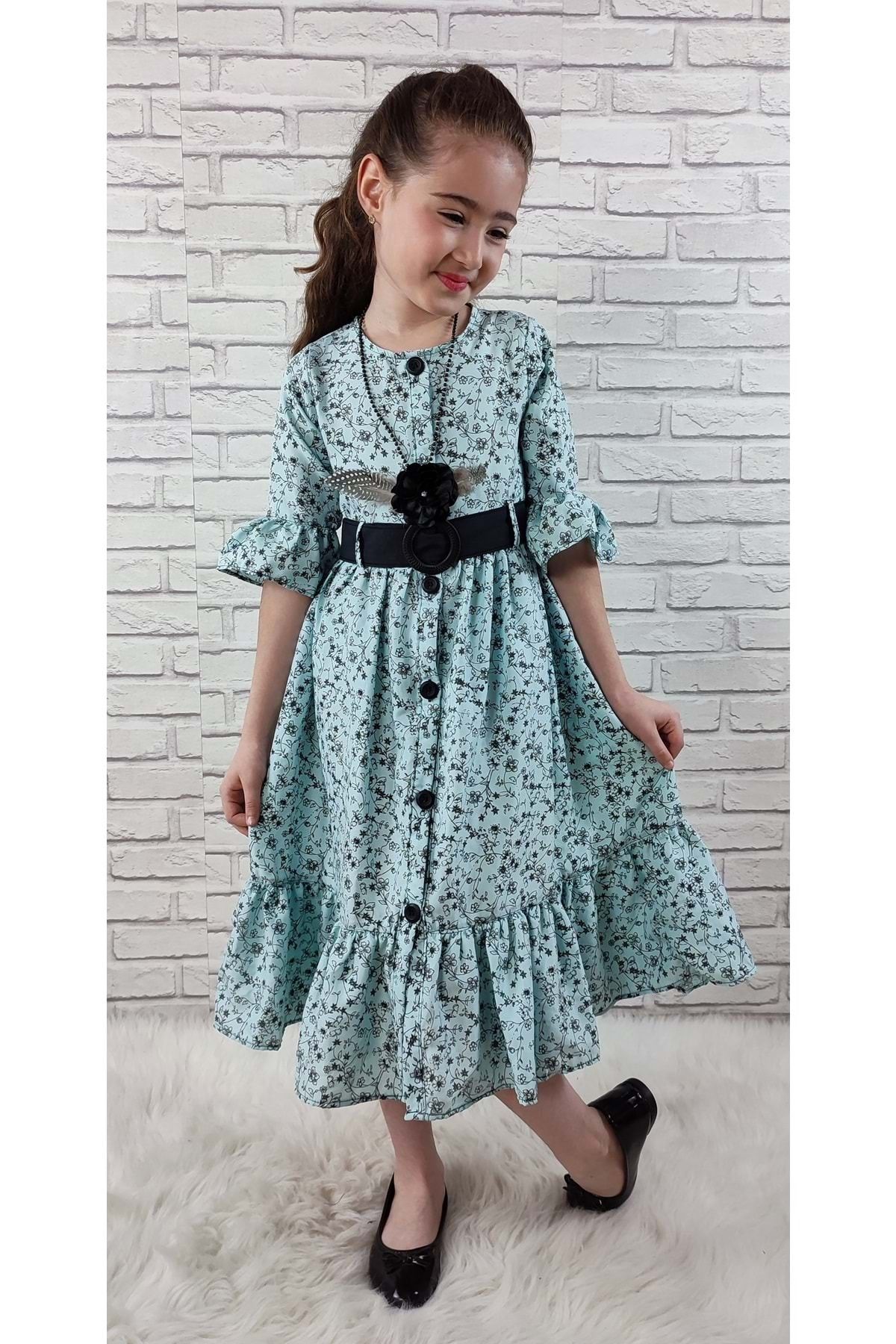 Mnk Vintage Basma Kız Çocuk Elbise 0299 Mint Yeşili
