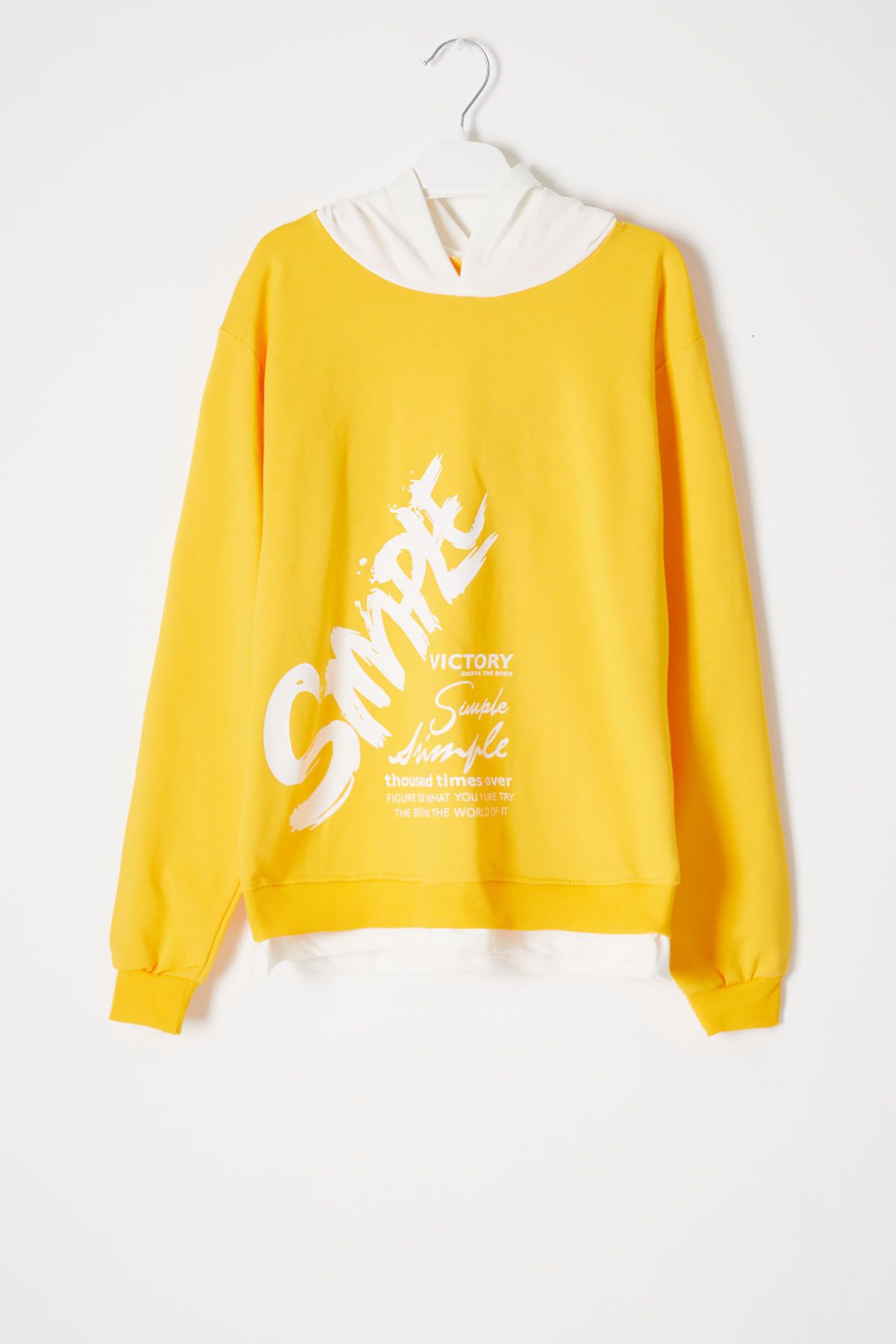 Cansın Mini Sarı Simple Yazı Baskı Kapüşonlu Kız Sweatshirt 16601
