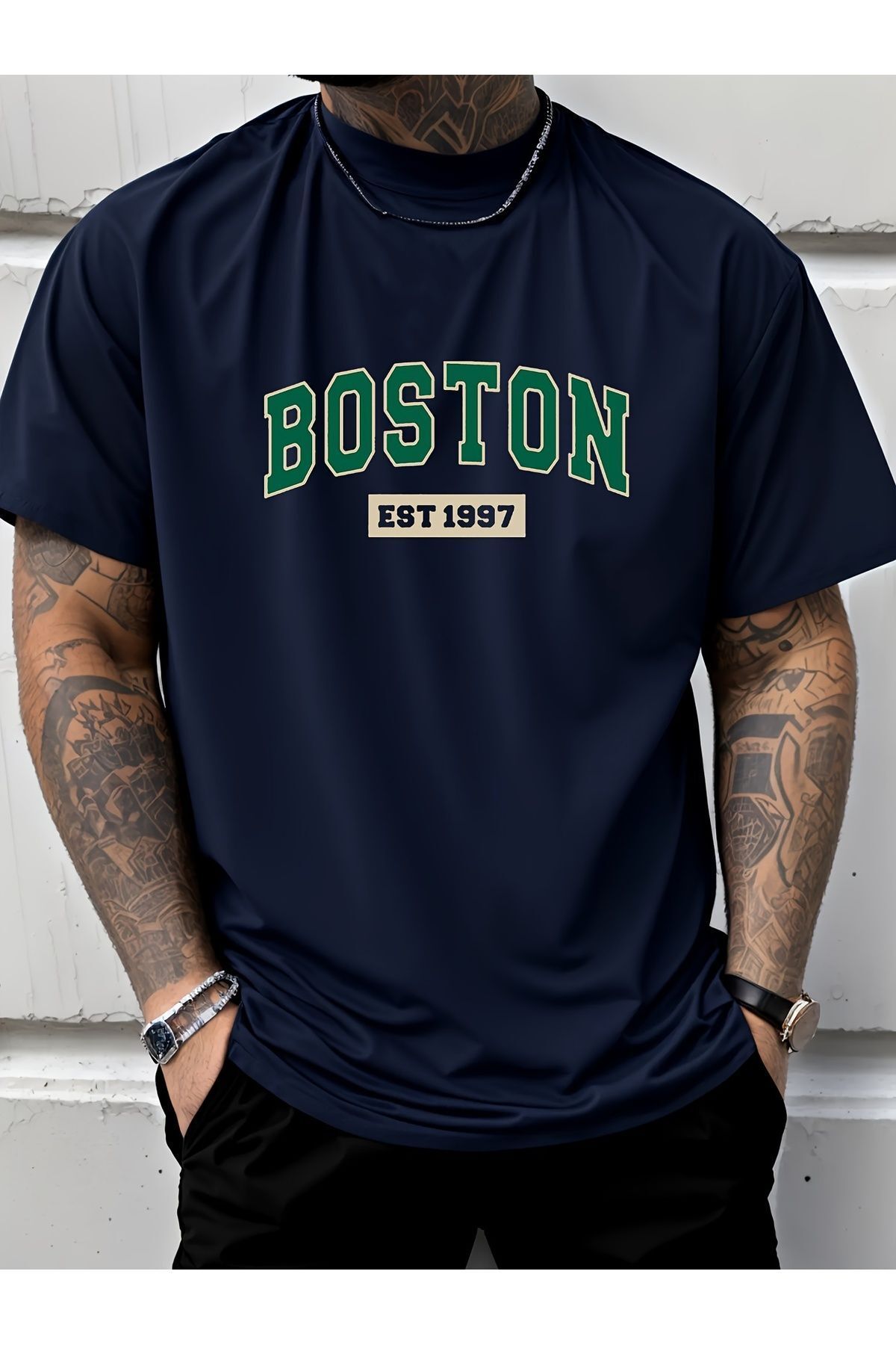 Let's Wear Unisex Boston Baskılı Bisiklet Yakalı Premium Tshirt