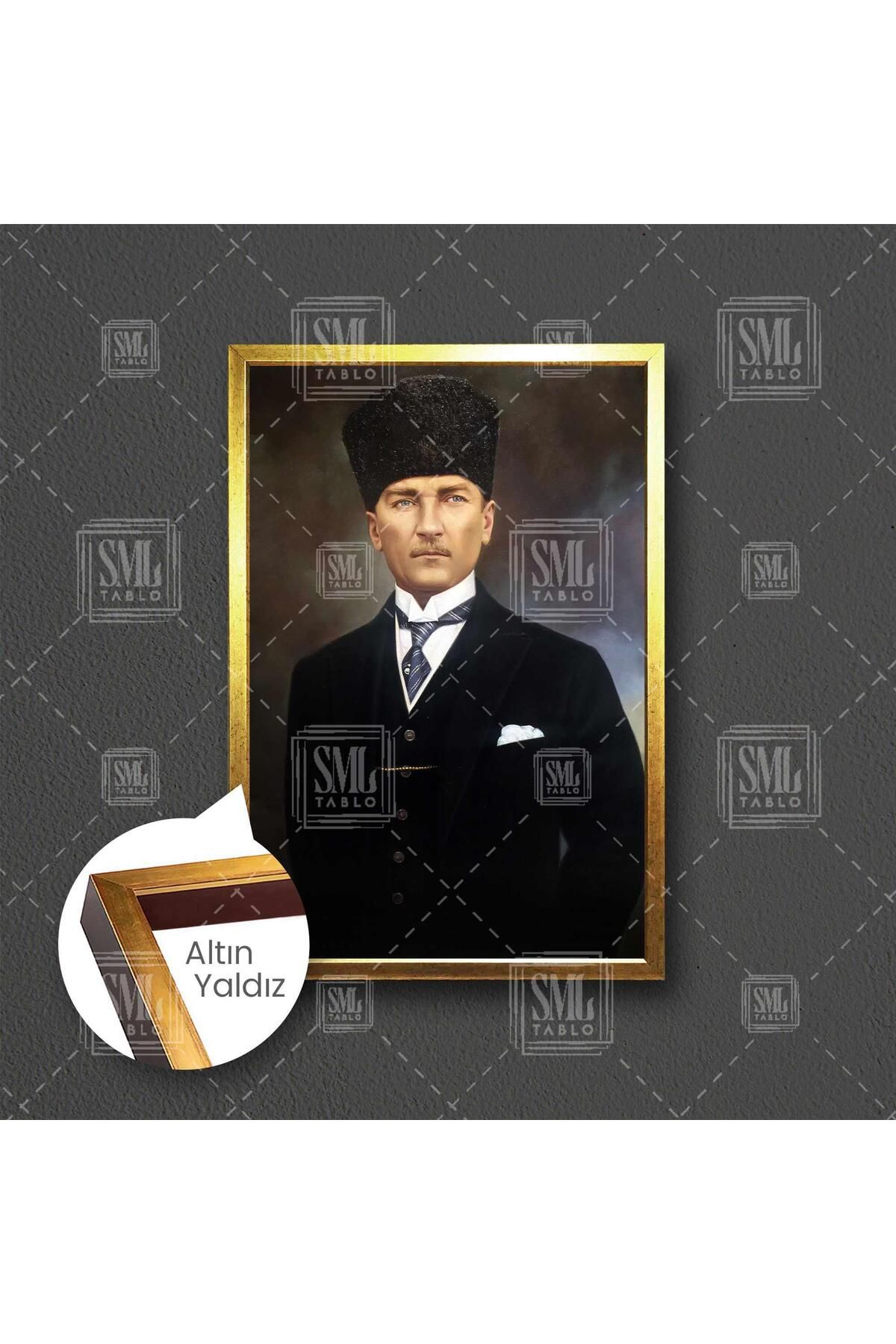 SML TABLO Mustafa Kemal Atatürk  Portre Karizma Çerçeveli Dikey Kanvas Tablo