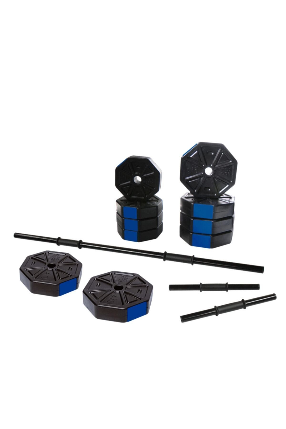 TAN SPOR 50 Kg(150 CM) Düz Barlı Dambıl - Dumbell - Ağırlık Halter Vücut Geliştirme Set Mavi Kapaklı