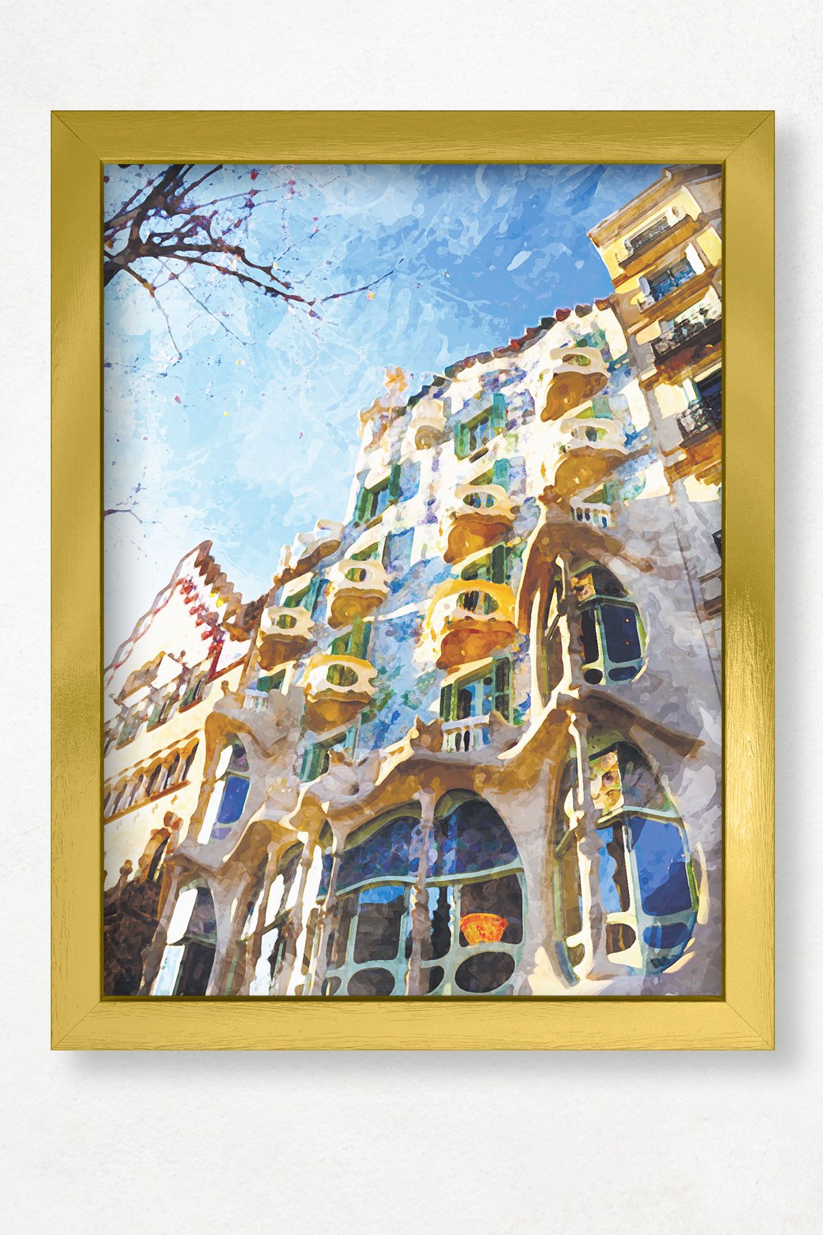 DuoArt Casa Mila-Barselona/İkonik Yapılar/Efekt/Doğal Ahşap Çerçeveli Poster/Çerçeve Rengi:Altın