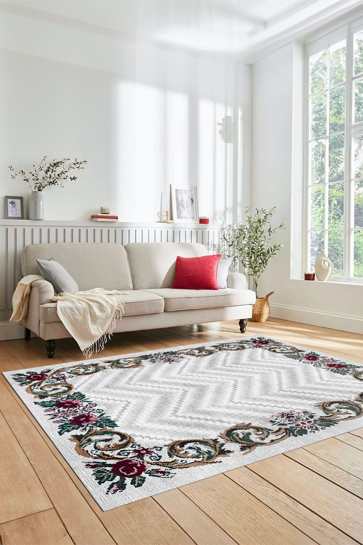 EY HOME Baskılı Kaymaz Yıkanabilir Modern Çiçekli Desen Yolluk Salon Halısı, MODERN-49-RENKLİ,