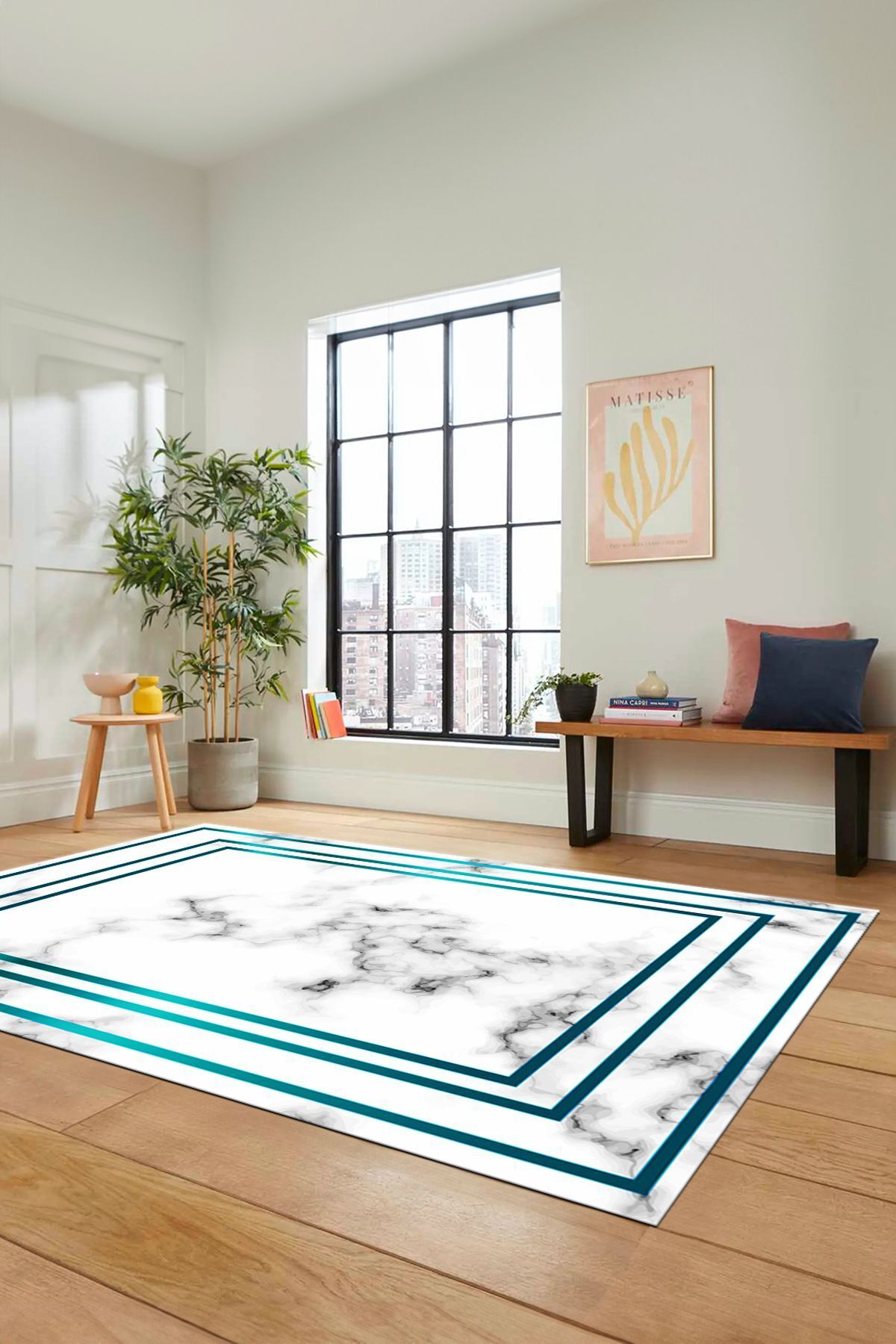 EY HOME Dijital Kaymaz Yıkanabilir Modern Mermer Desenli Mutfak Yolluk Salon Halısı, MERMER-05-MAVİ,