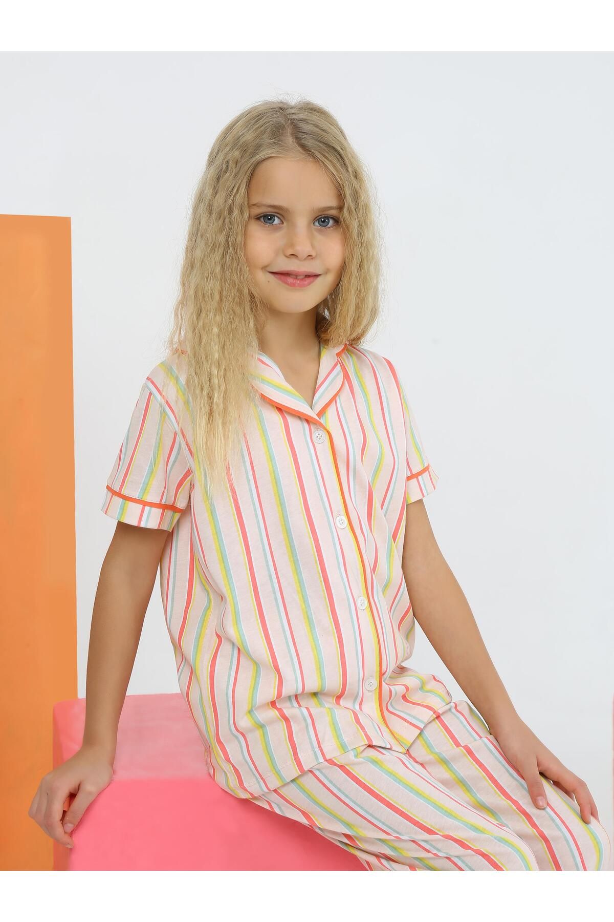 vitmo Kız Çocuk Kısa Kollu %100 Pamuklu Düğmeli Pijama Takımı Alice Somon