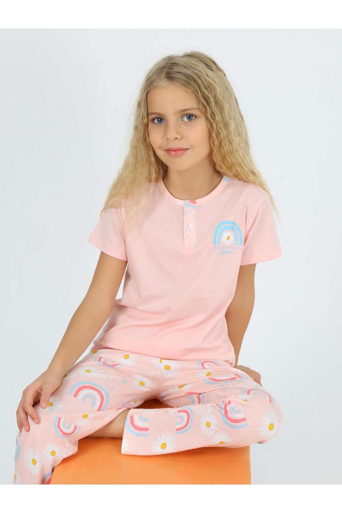 vitmo Kız Çocuk Kısa Kollu %100 Pamuklu Düğme Detaylı Rainbow Pijama Takımı