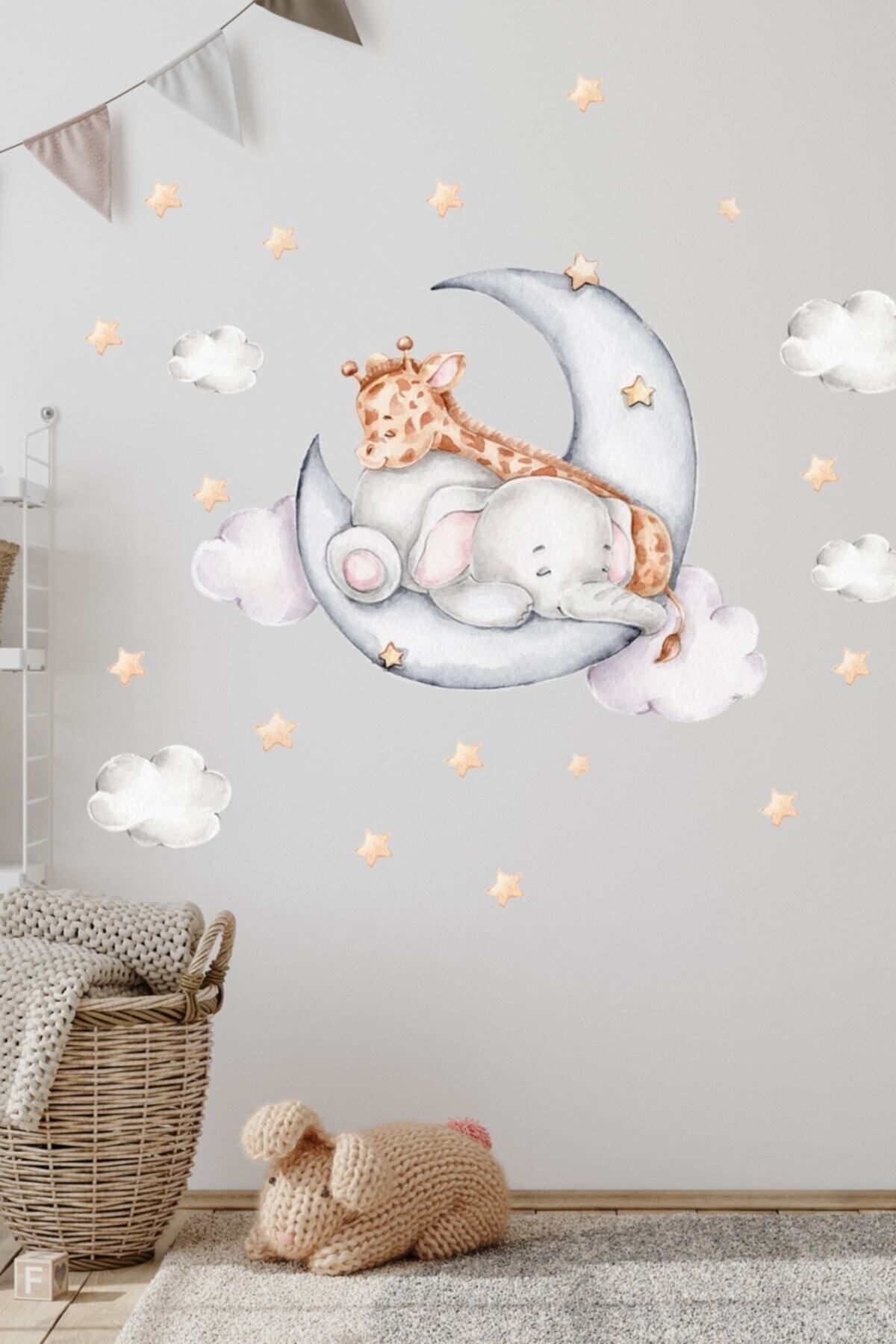 KT Decor Ay Üzerinde Uyuyan Fil Ve Zürafa Pastel Renk Çocuk Odası Duvar Sticker Seti