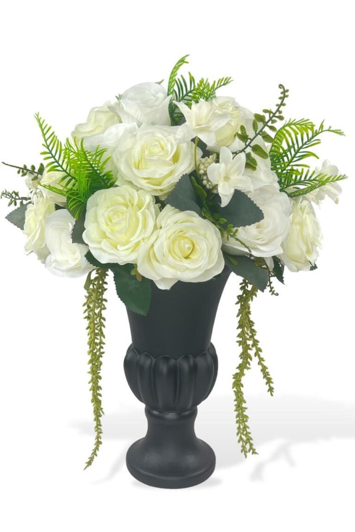 Nettenevime Yapay Çiçek Aranjmanı Siyah Cam Kupa Vazoda Beyaz Gül Şakayık Nişan Çiçeği İsteme Çiçeği