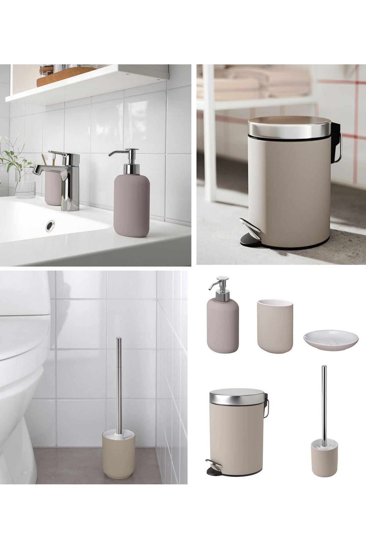IKEA 5'li Banyo Seti Çöp Kovası (ÇELİK) - Diş Fırçalık Sabunluk Tuvalet Fırçası (PORSELEN)
