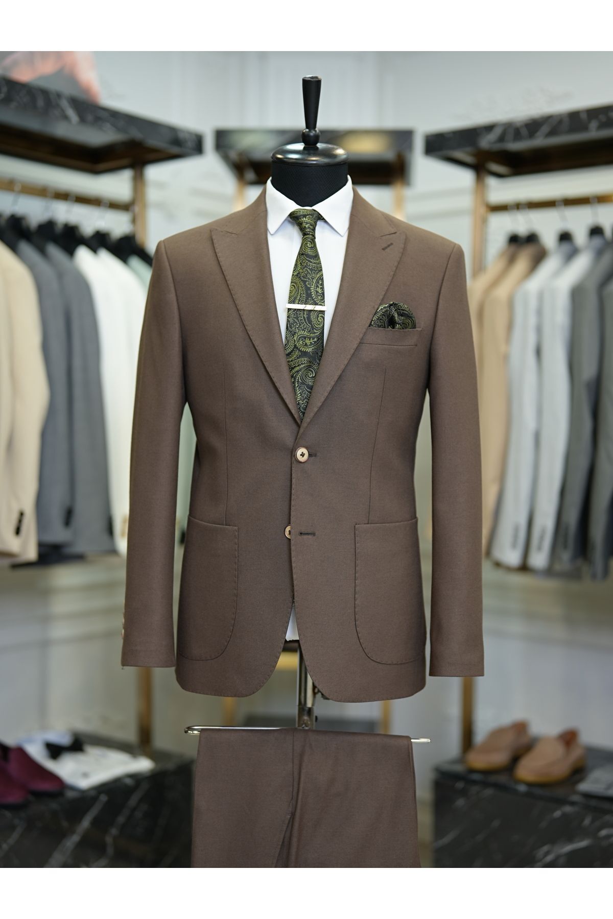 LONATOLİA Erkek Takım Elbise Premium Yarım Astarlı Punto Dikişli Torba Cepli Slim Fit Italyan Stil-kahve