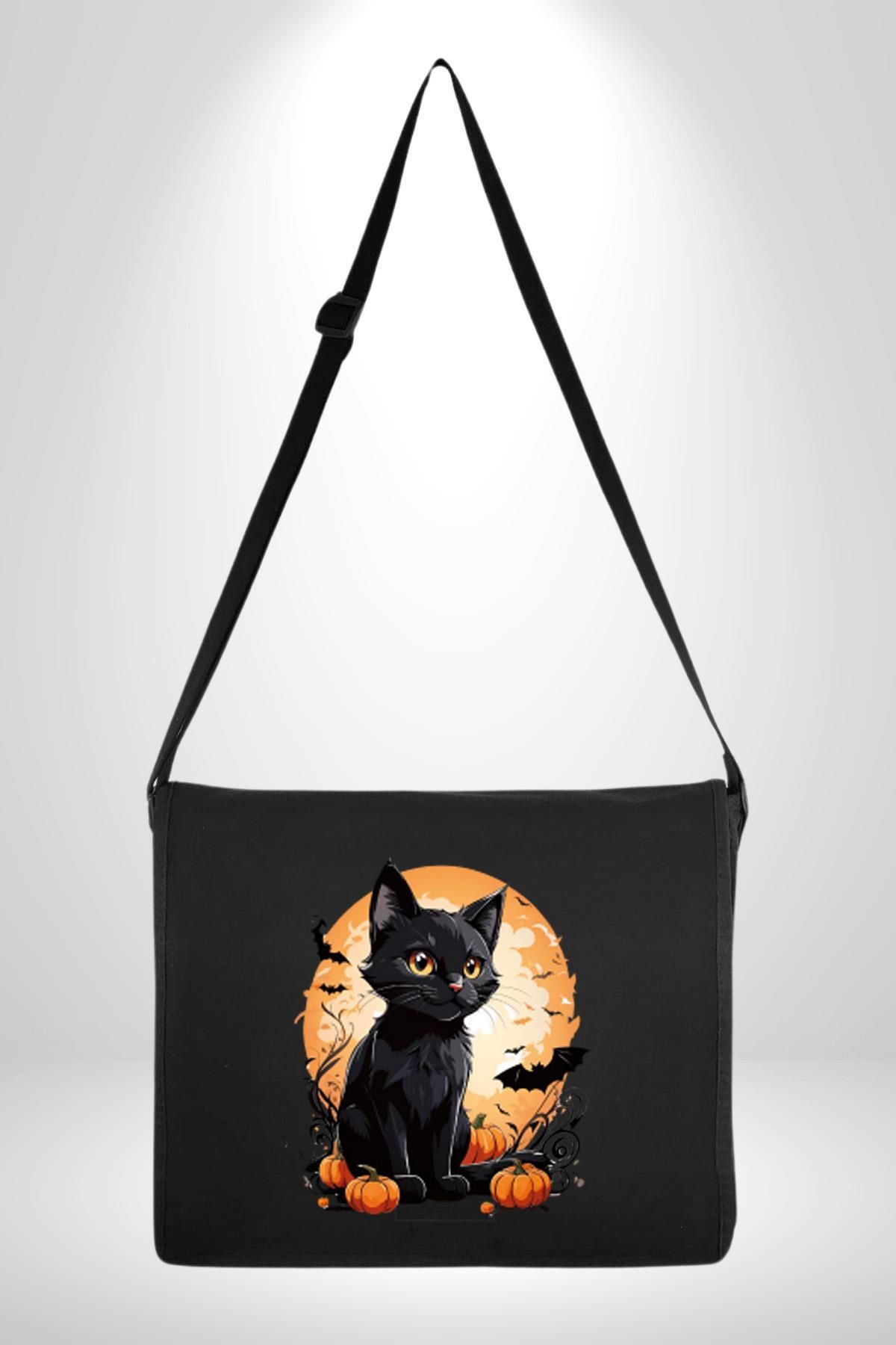 Angemiel Cadılar Bayramı Kedi Kadın Erkek Çocuk Siyah Kanvas Postacı Çanta