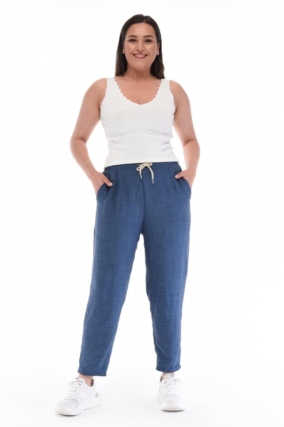CEDY DENIM Kadın Koyu Mavi Büyük Beden Sentetik Keten Yüksek Bel Lastikli Dar Paça Mom Pantolon