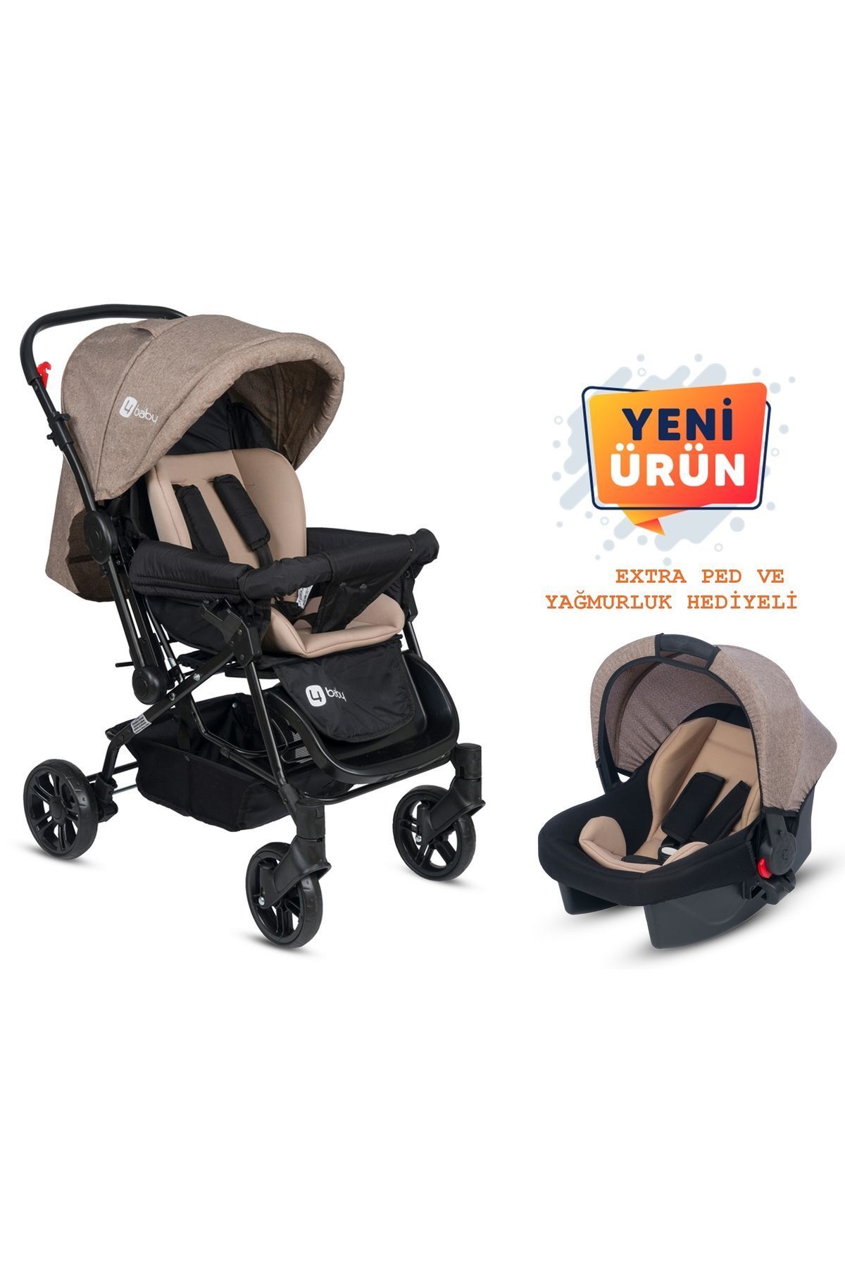 4 Baby Travel Sistem Çift Yönlü Bebek Arabası - Bebek Arabası Kahverengi ve Puset