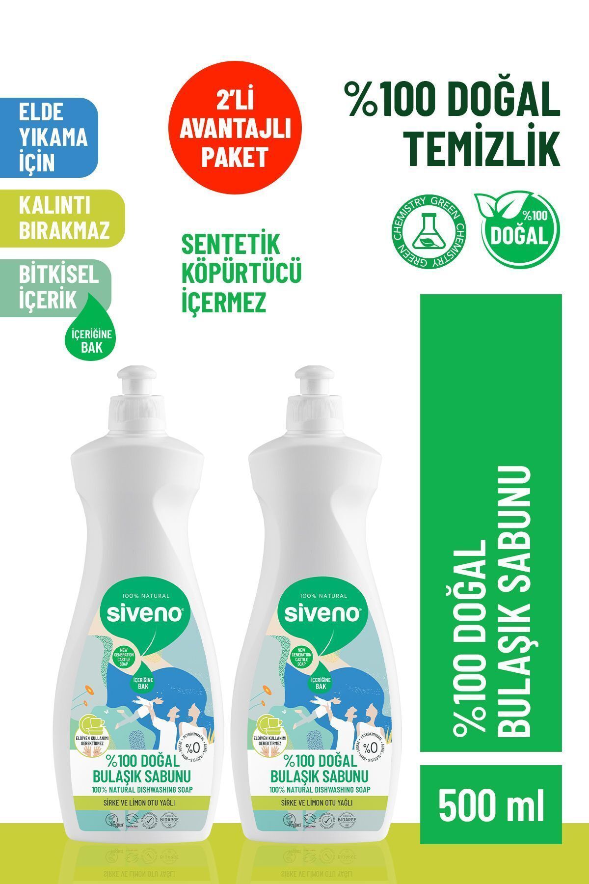 Siveno %100 Doğal Bulaşık Sabunu Bitkisel Elde Bulaşık Sabunu Nemlendirici Vegan 500 ml X 2 Adet