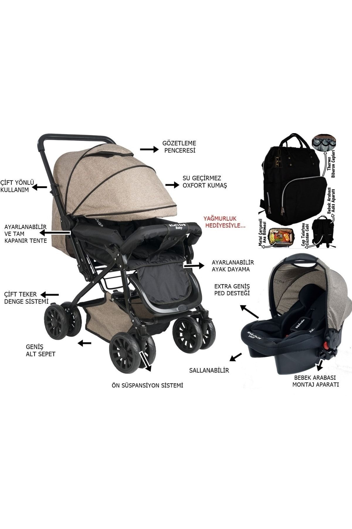 ESY LİNE Çift Yönlü Treval Sistem Bebek Arabası - Bebek Bakım Çantası Kahverengi Set
