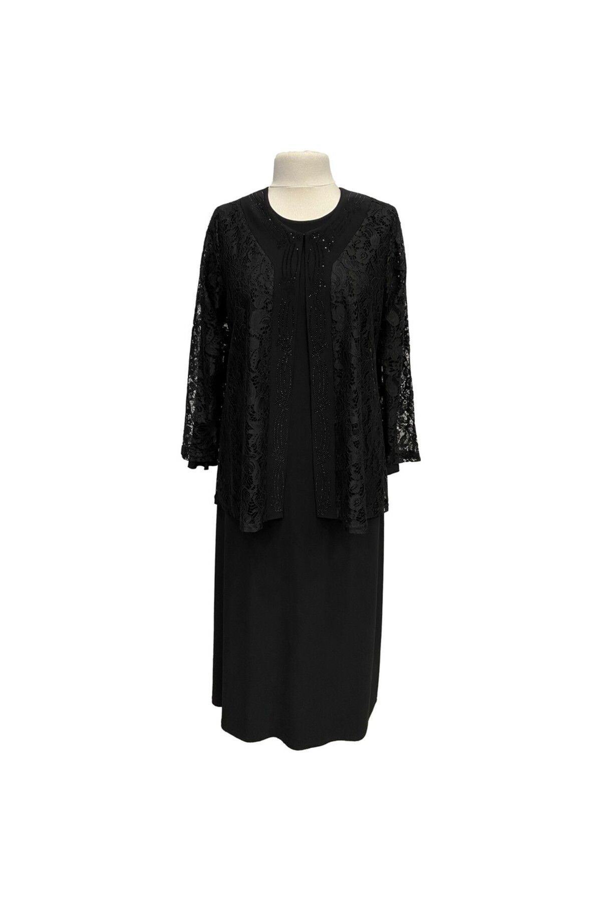 HESNA Siyah Büyük Beden Demet Ceketli Elbise Anne Abiye Takım