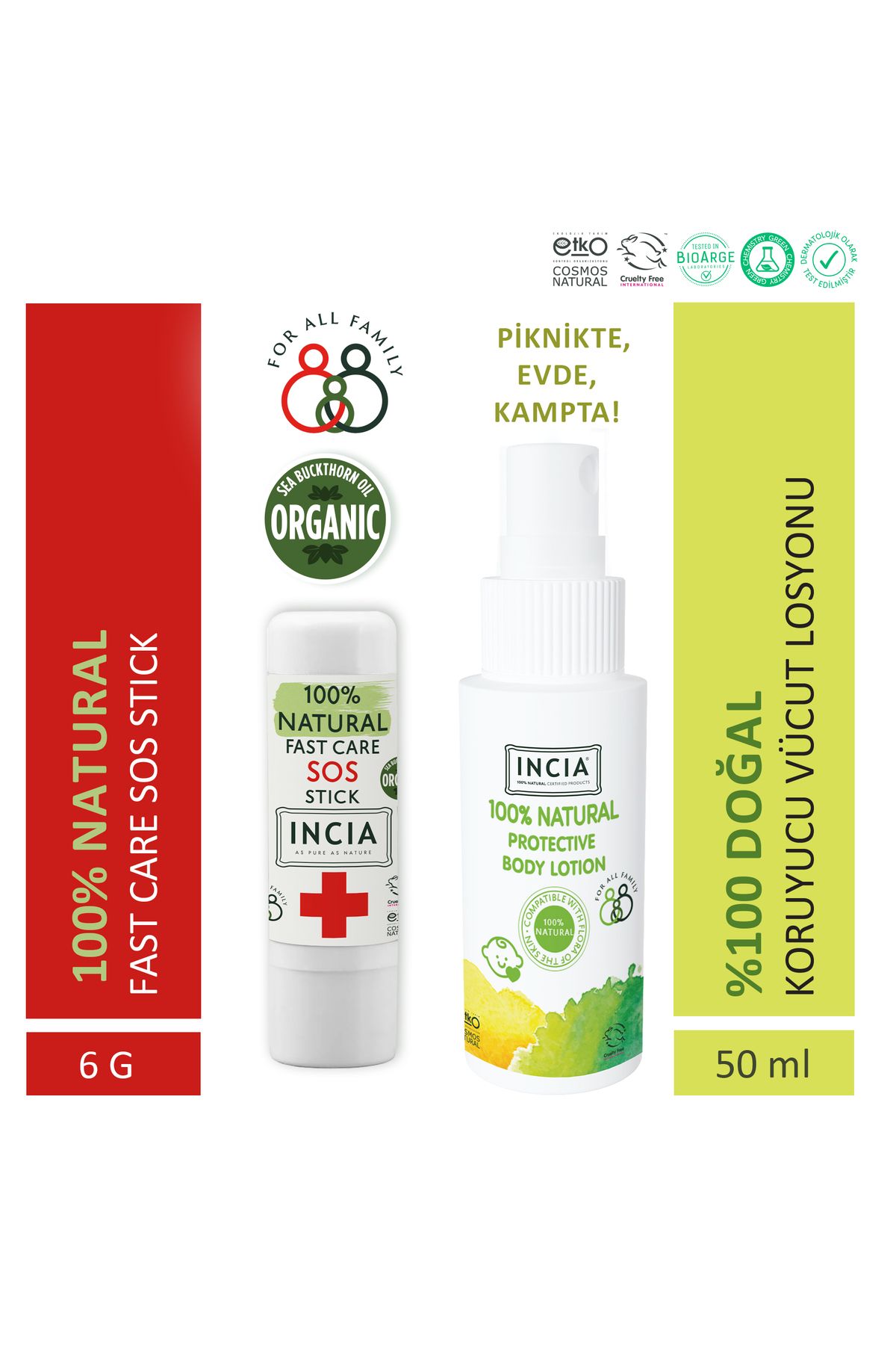 INCIA %100 Doğal Koruyucu Vücut Losyonu Sprey Yenidoğan 50 ml & %100 Doğal Sos Stick 6 G Set