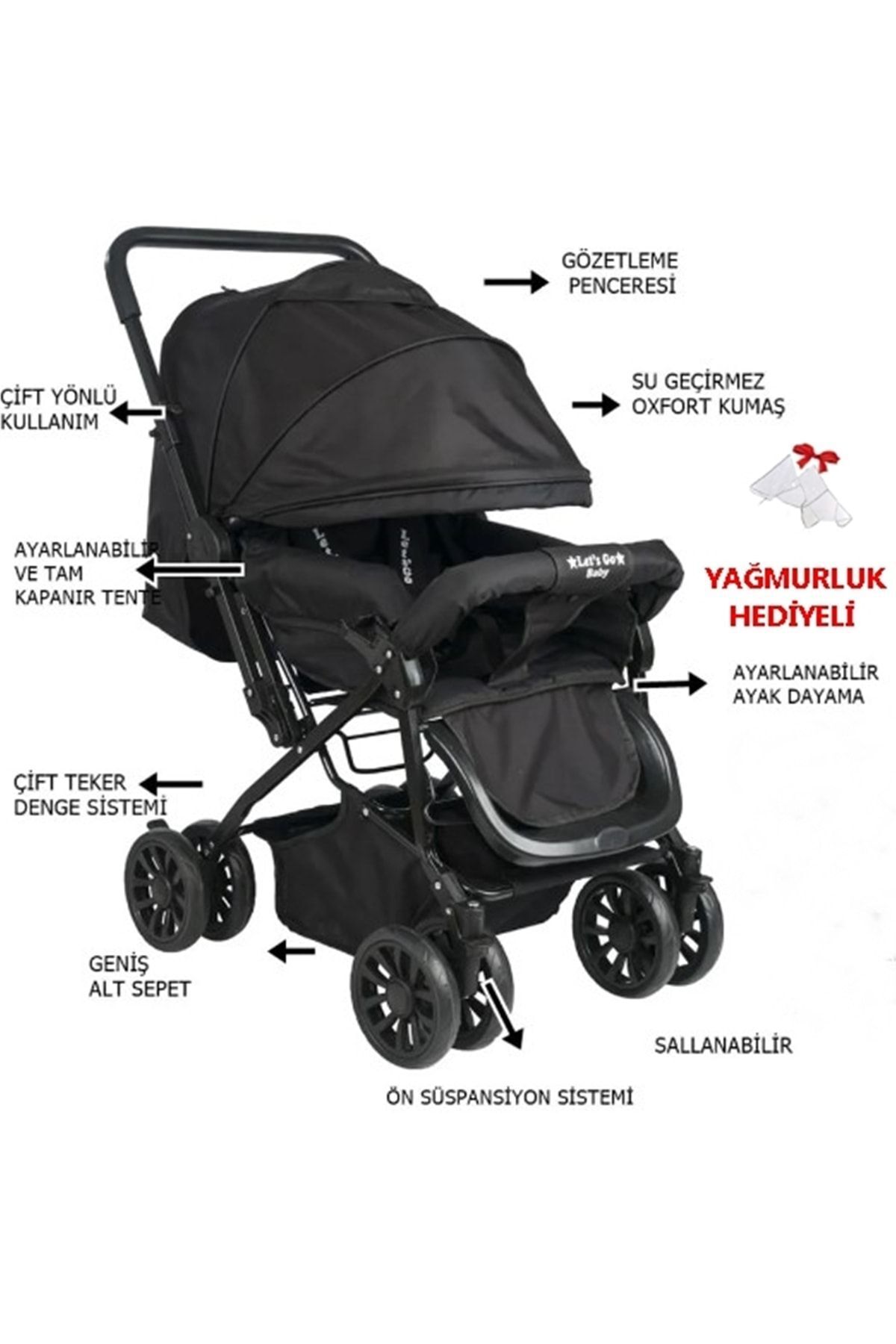 LETS GO BABY Çift Yönlü Tam Kapanır Tente Bebek Arabası (SİYAH)