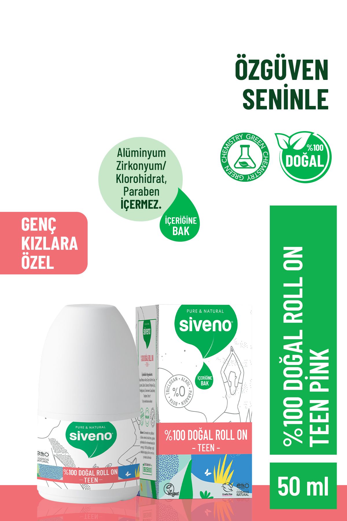 Siveno %100 Doğal Roll-on Teen Girl Genç Kız Deodorant Ter Kokusu Önleyici Bitkisel Lekesiz Vegan 50 ml