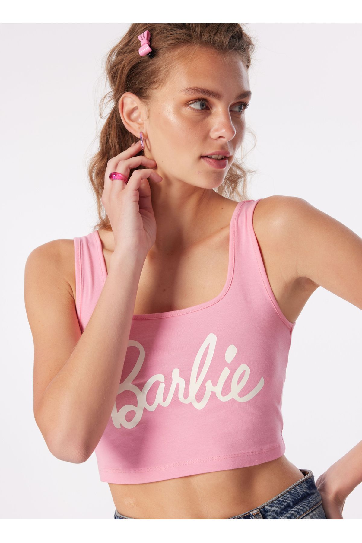 Barbie Pembe Kadın Kare Yaka Crop Baskılı Bluz BRB4SL-BLZ6065