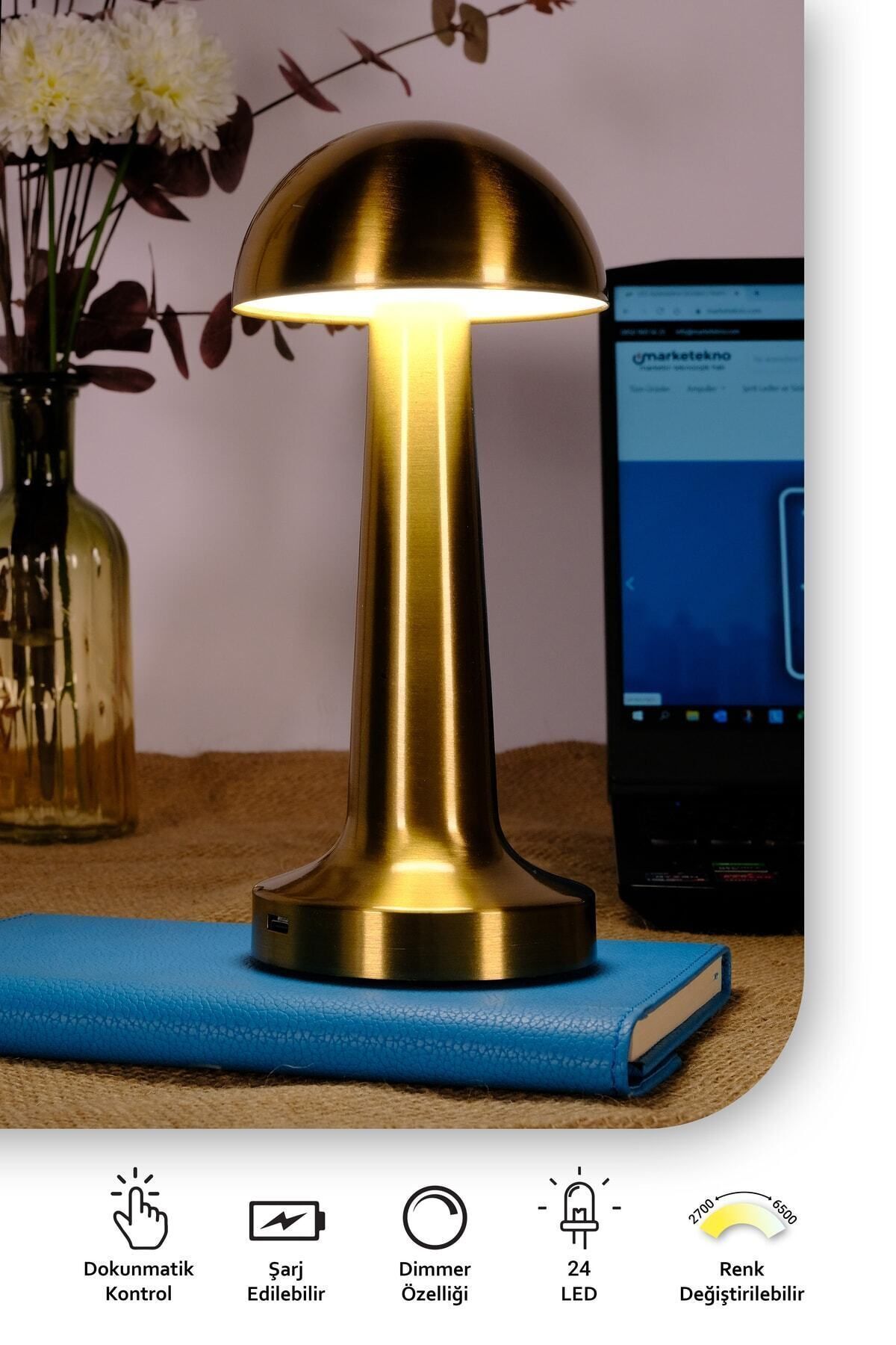 Ack Şarjlı Dokunmatik Led Masa Lambası, Ayarlanabilir Renk Tonu, Çalışma Okuma Işığı Mantar Gece Lambası