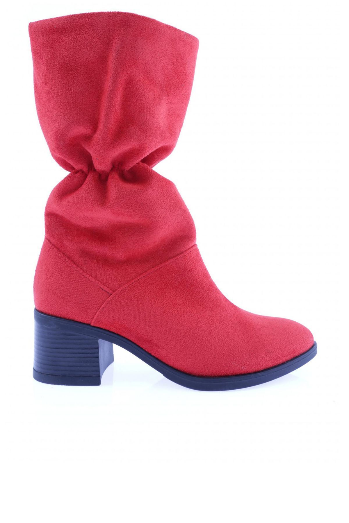 Dgn 9066-2164-22k Kadın Büzgülü Topuklu Çizme Kırmızı Süet
