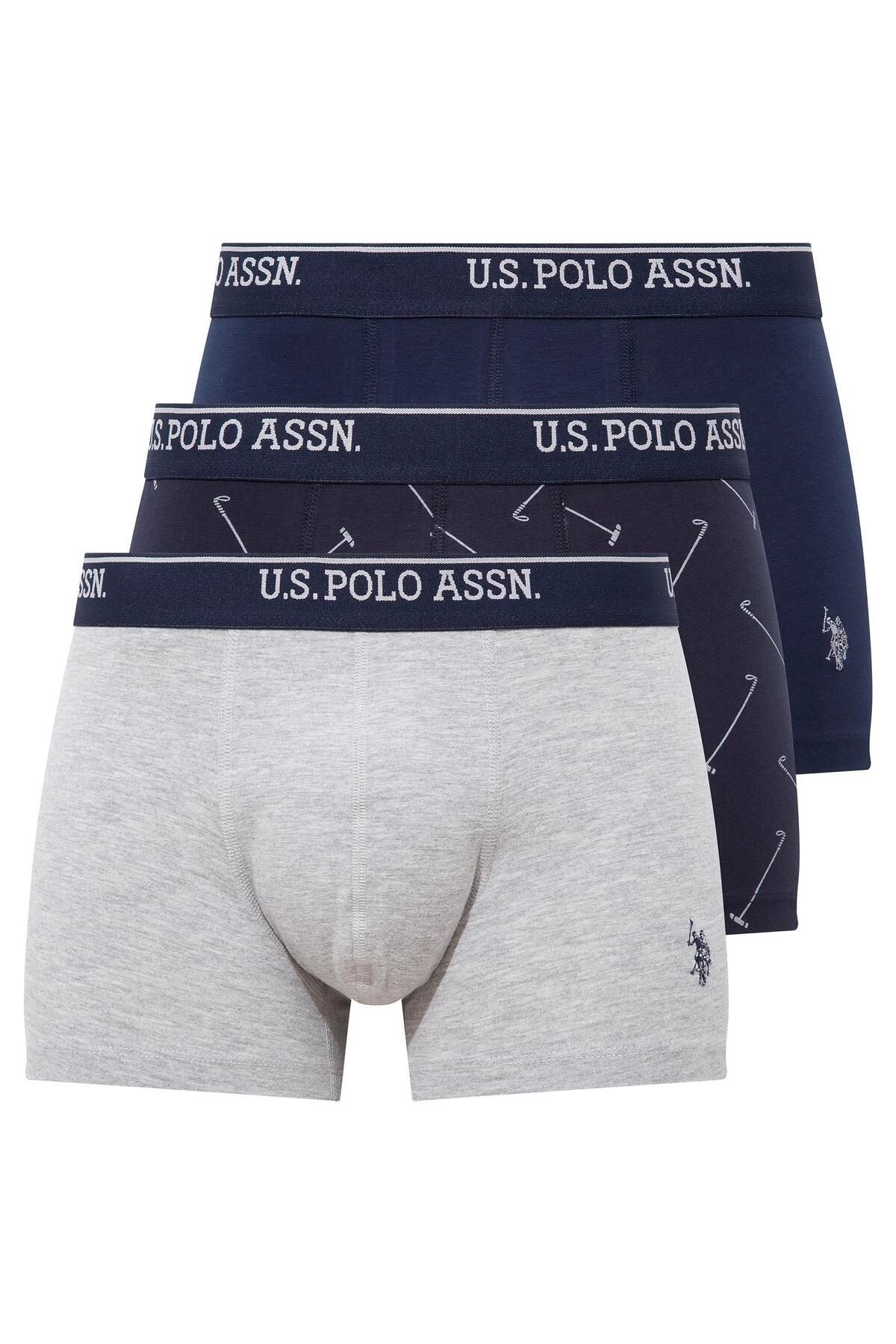 U.S. Polo Assn. U.S. Polo Assn. -  Erkek Gri Melanj - Lacivert - Lacivert Baskılı 3 lü Boxer