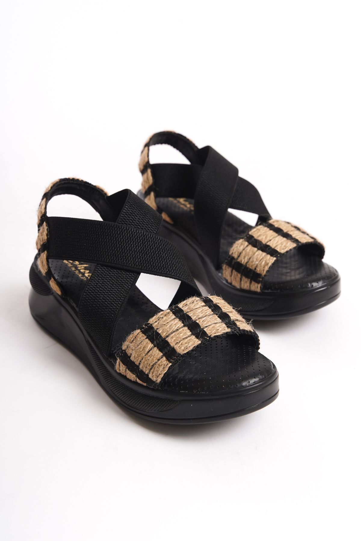 Shoesers Kadın Kalın Ortopedik Tabanlı Çift Bantlı Hasır Malzeme Kaplı Lastikli Sandalet