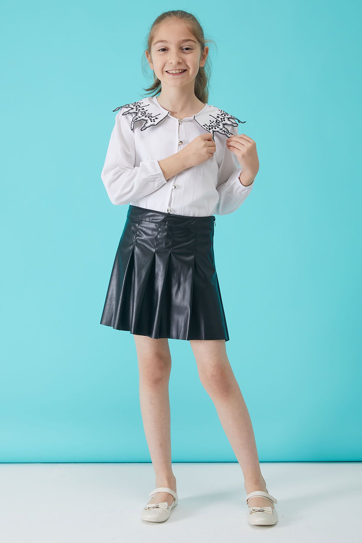 Cansın Mini Siyah Dantel Yakalı Kız Etekli Bluz Takım 15102