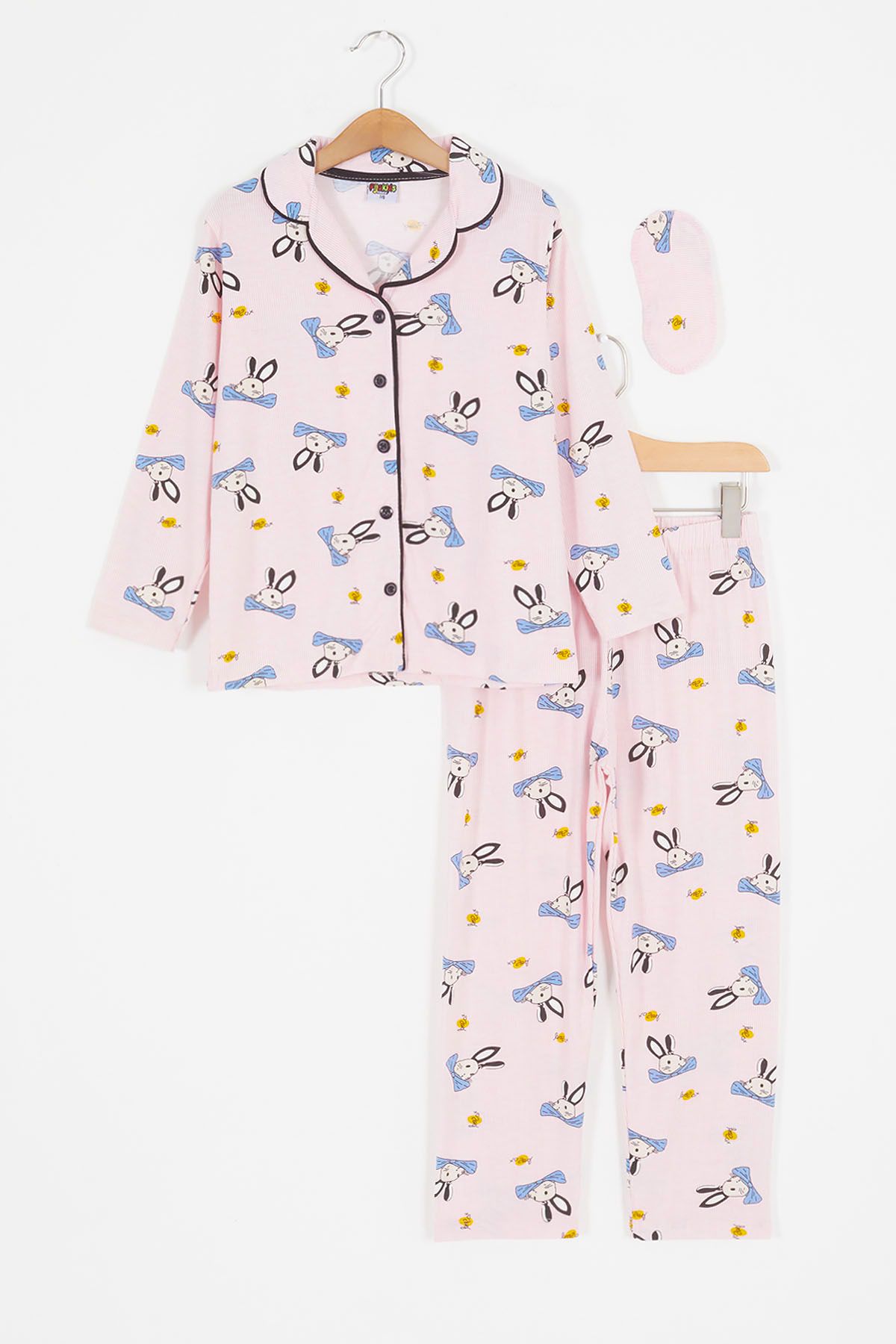Cansın Mini Pembe Tavşan Desenli Düğmeli Kız Çocuk Pijama Takımı 17087
