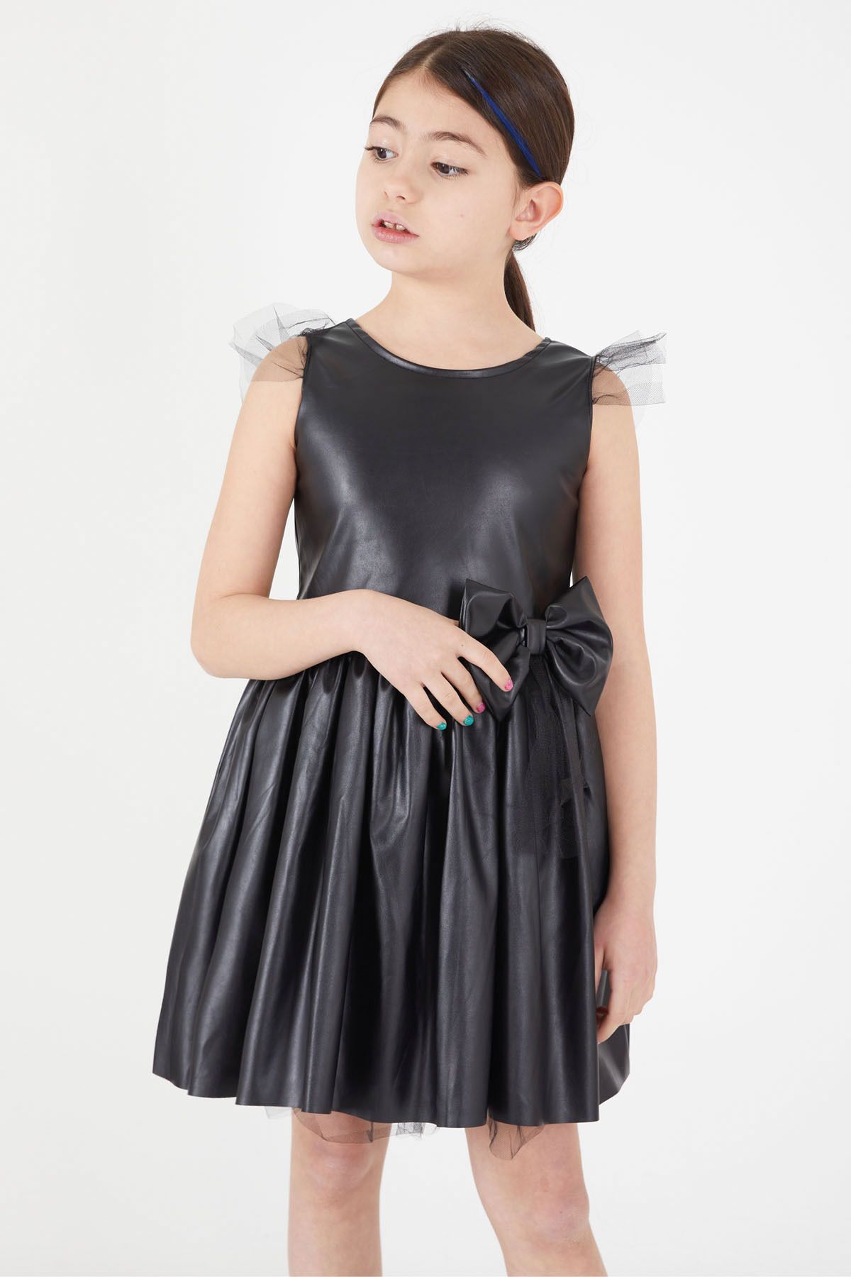 Cansın Mini Kız Çocuk Tül Detaylı Fiyonklu Deri Elbise 15036
