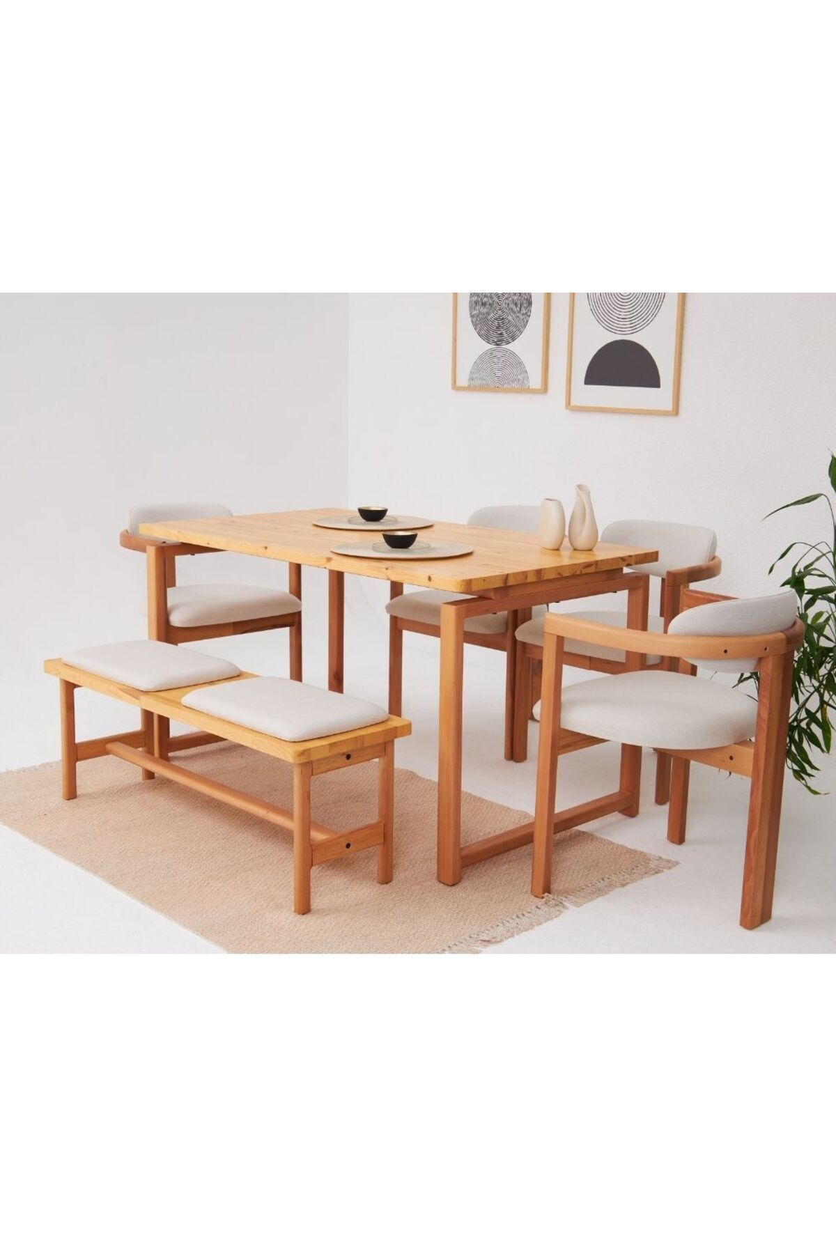 VOWTURKEY Cheri İskandinav 4 Sandalye 1 Bench 1 Masa Doğal Masif Yemek Mutfak Masa Takımı El İşçiliği