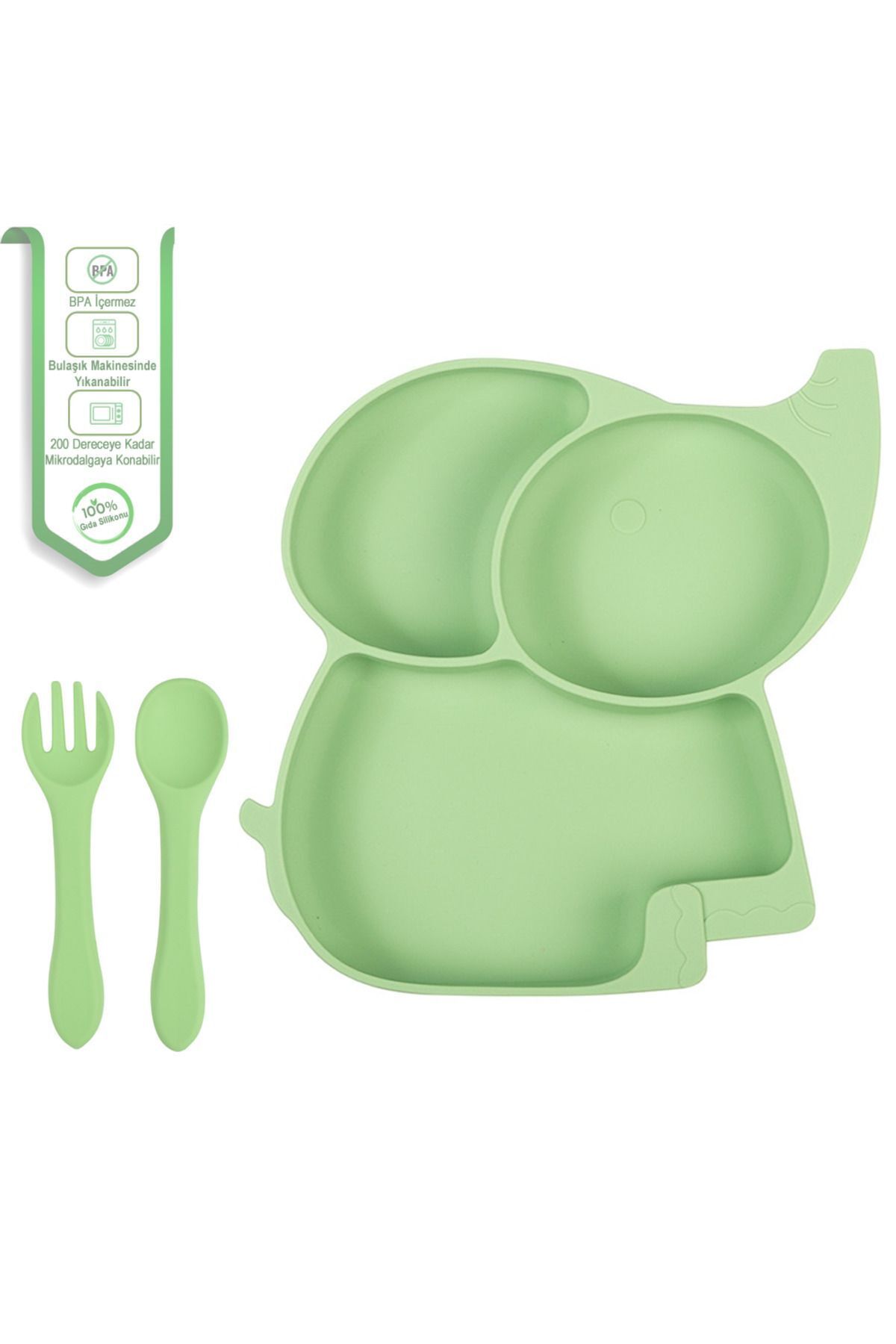 jojobebek Vakumlu Silikon Mama Tabağı, Silikon Çatal Ve Kaşık / Yeşil