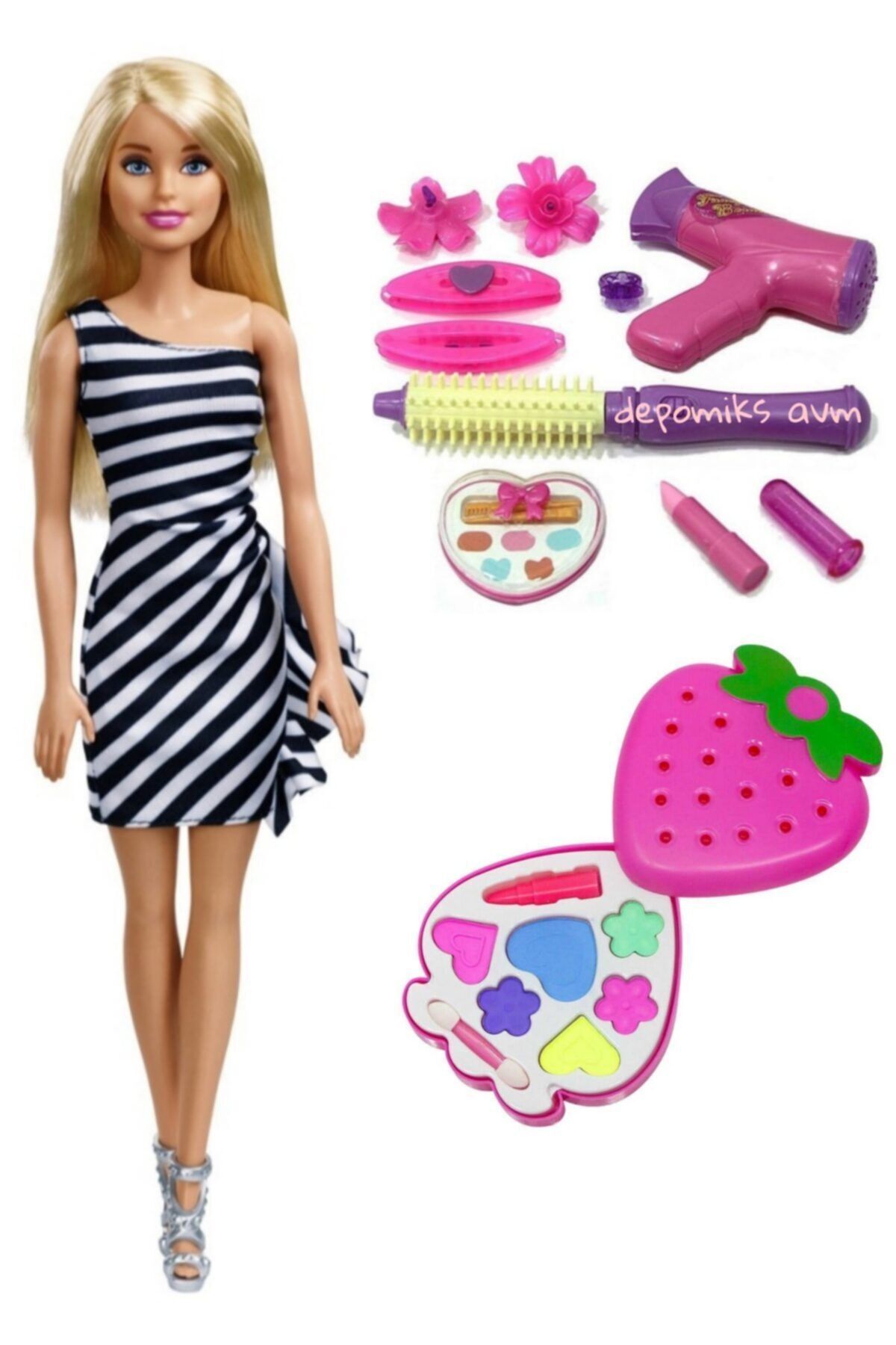 Depomiks Avm Pırıltılı Barbie Bebek + Çilek Sürülebilir Makyaj Seti + Çantalı Aksesuar Barbie Şık Elbiseli Bebek