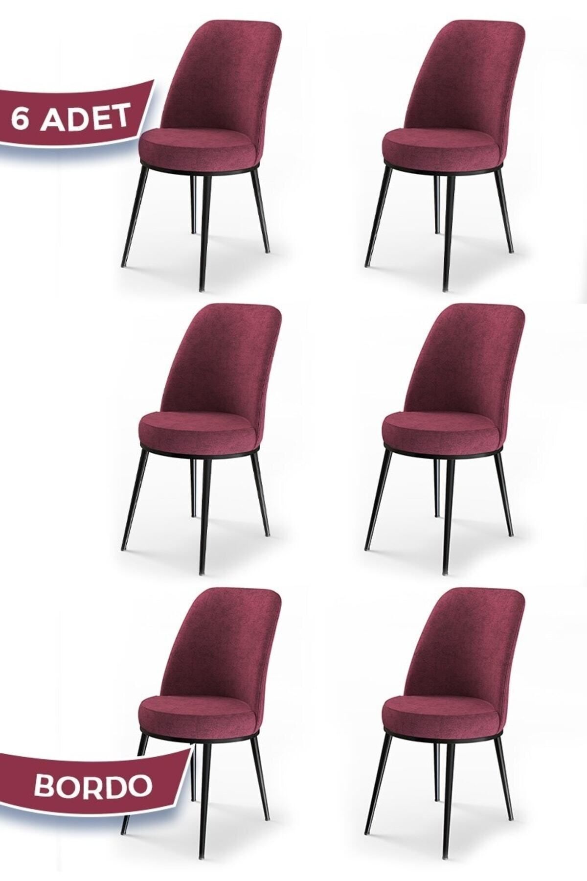 Canisa Dexa Serisi, Üst Kalite Mutfak Sandalyesi, 6 Adet Bordo Sandalye, Metal Siyah Iskeletli