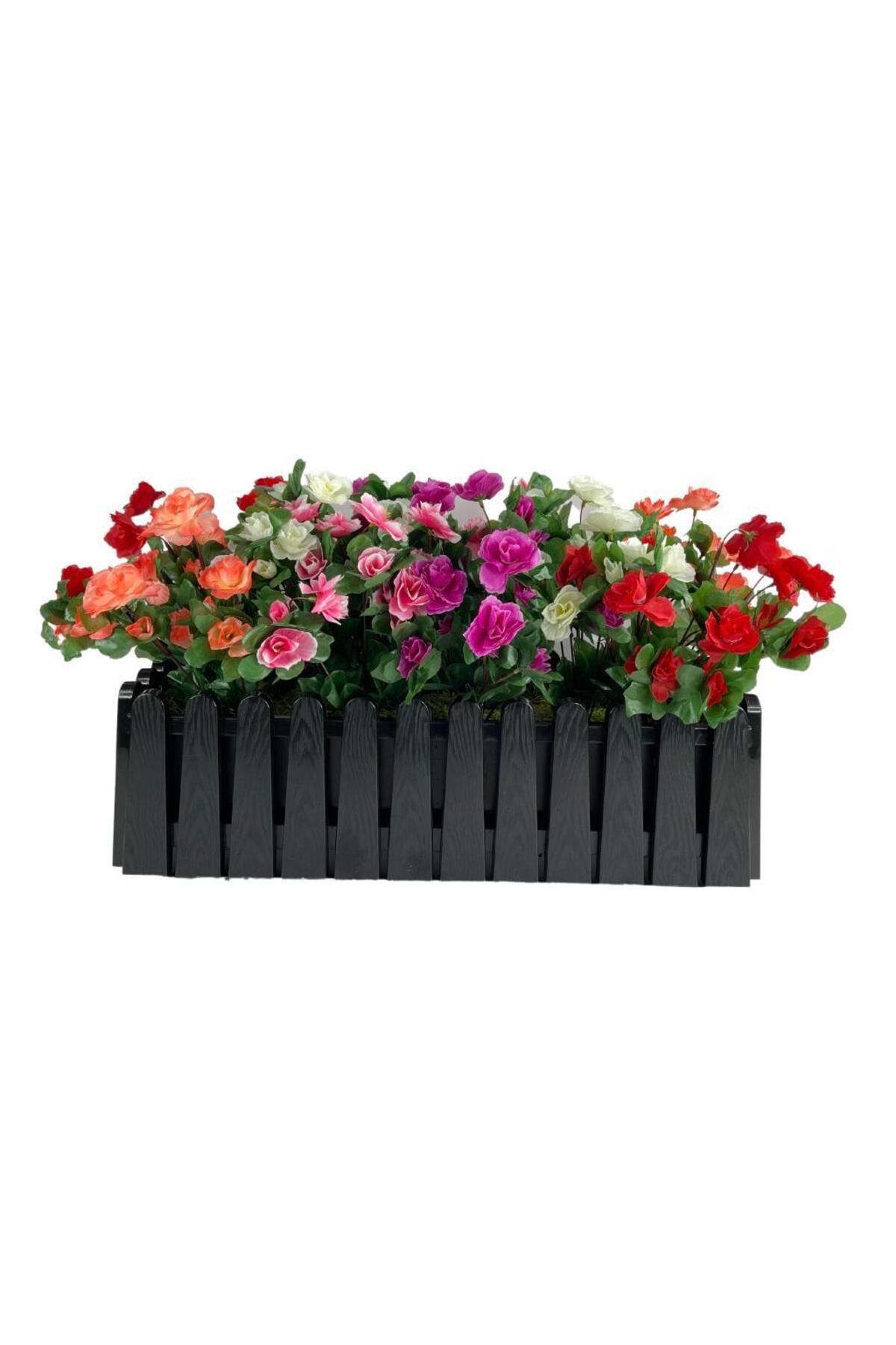 Nettenevime Yapay Çiçek Siyah Çit Balkon Saksısı Renkli Açelya Çiçekli 55*20cm