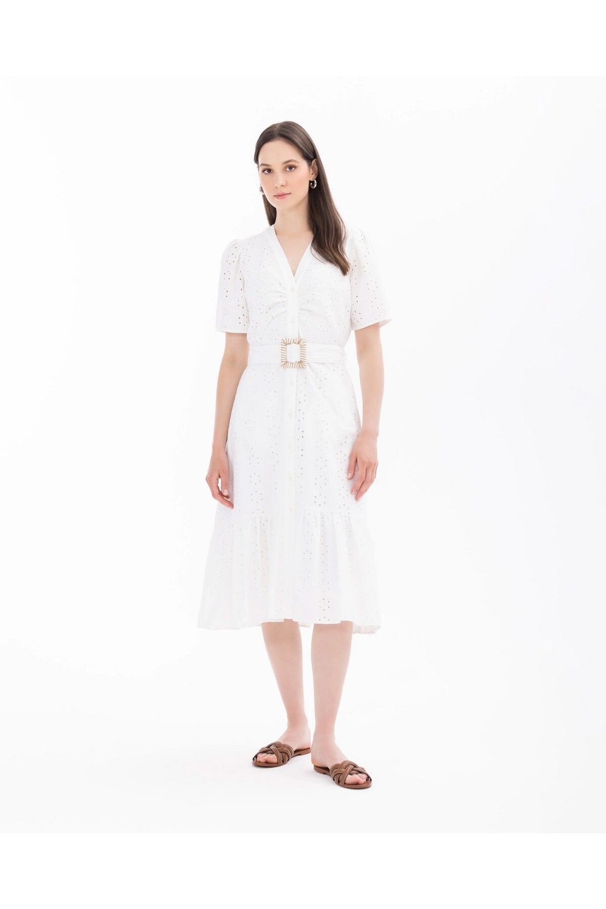 SEÇİL Seçil V Yaka Dante Kısa Kollu Beyaz Kadın Elbise 10002411310004