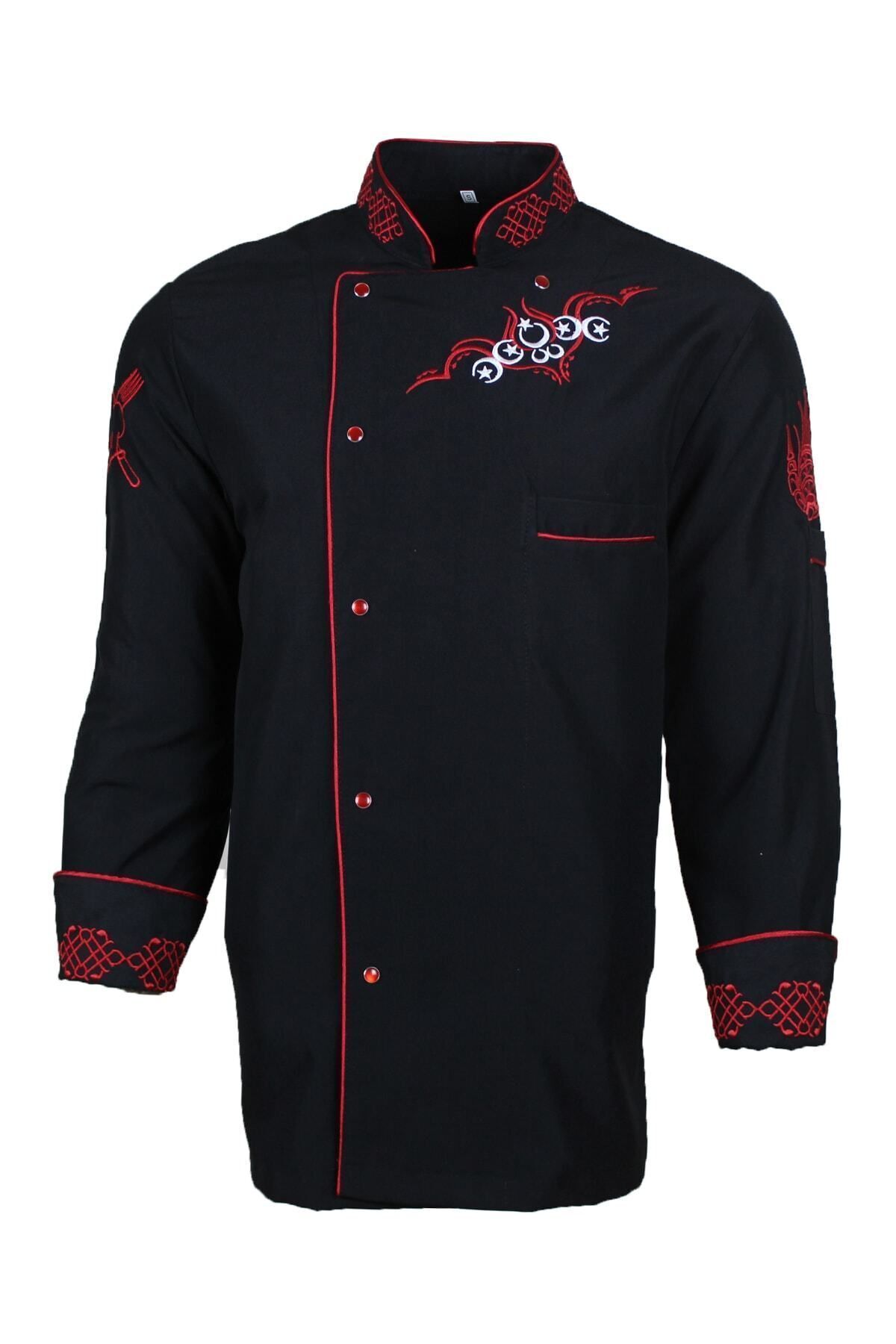 isinigiy Nakışlı Siyah Kırmızı Biyeli Aşçı Ceket
