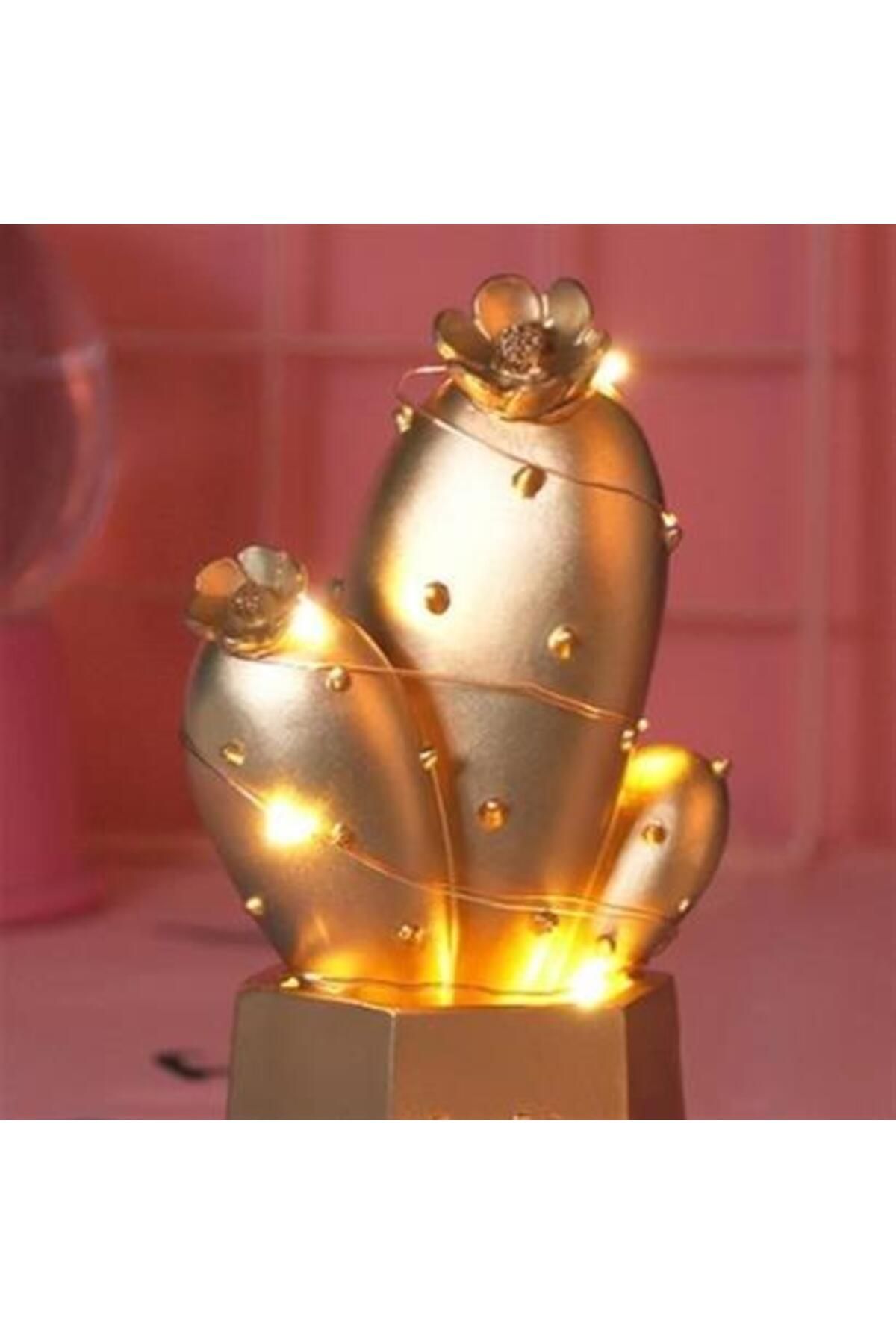 APAKShop Led Işıklı Sevimli Kaktüs Dekoratif Masa Lambası Mini Biblo Gece Lambası Gold