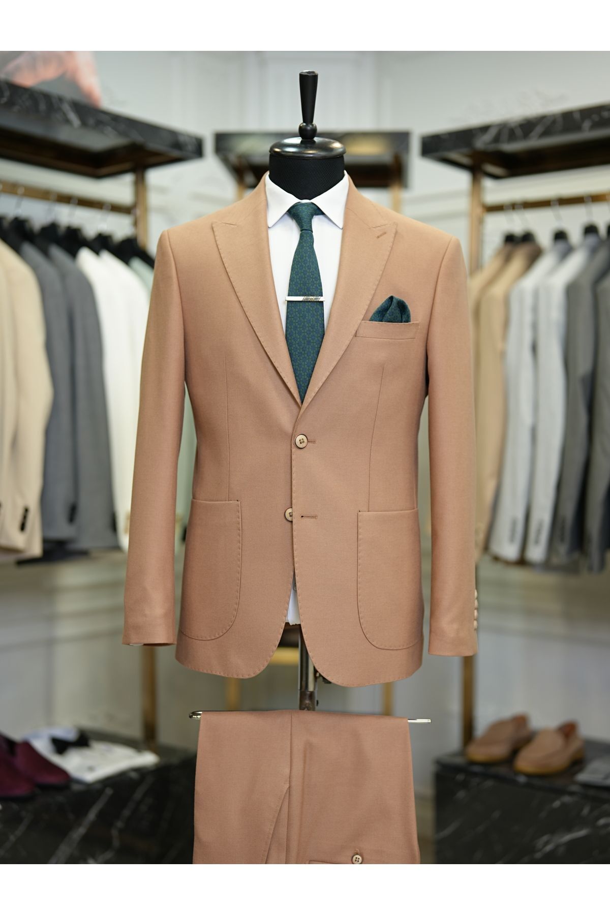 LONATOLİA Erkek Takım Elbise Luxury Yarım Astarlı Punto Dikişli Torba Cepli Slim Fit Italyan Stil - Taba