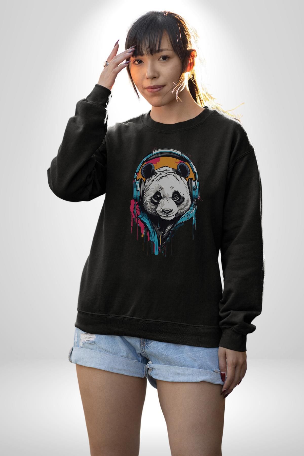 Angemiel Kulaklık Ayı Panda Kadın Erkek  Siyah Baskılı Sweatshirt