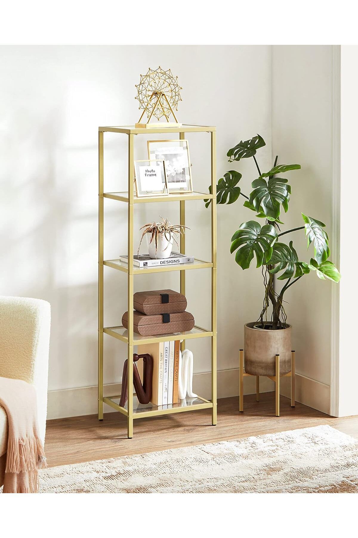 tino furniture Miami Modern Gold Renk Metal Şeffaf Cam Raflı Kitaplık Aksesuar Rafı Dekoratif